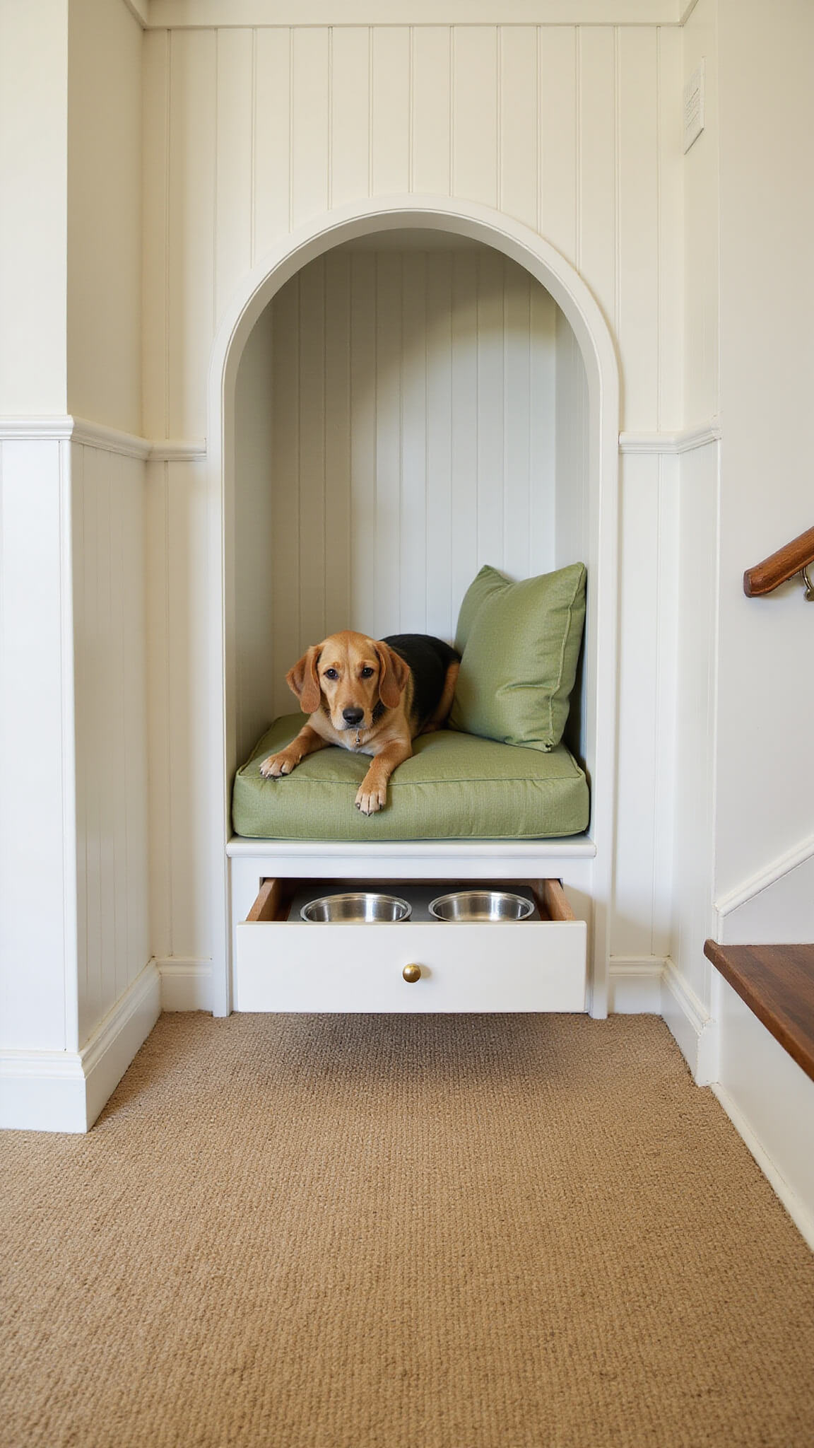 Luxurious pet retreat under staircase with arch entrance, sage green cushions, built-in feeder, white beadboard walls, sisal carpet, and bamboo drawer, viewed from pet's eye level in warm afternoon light.