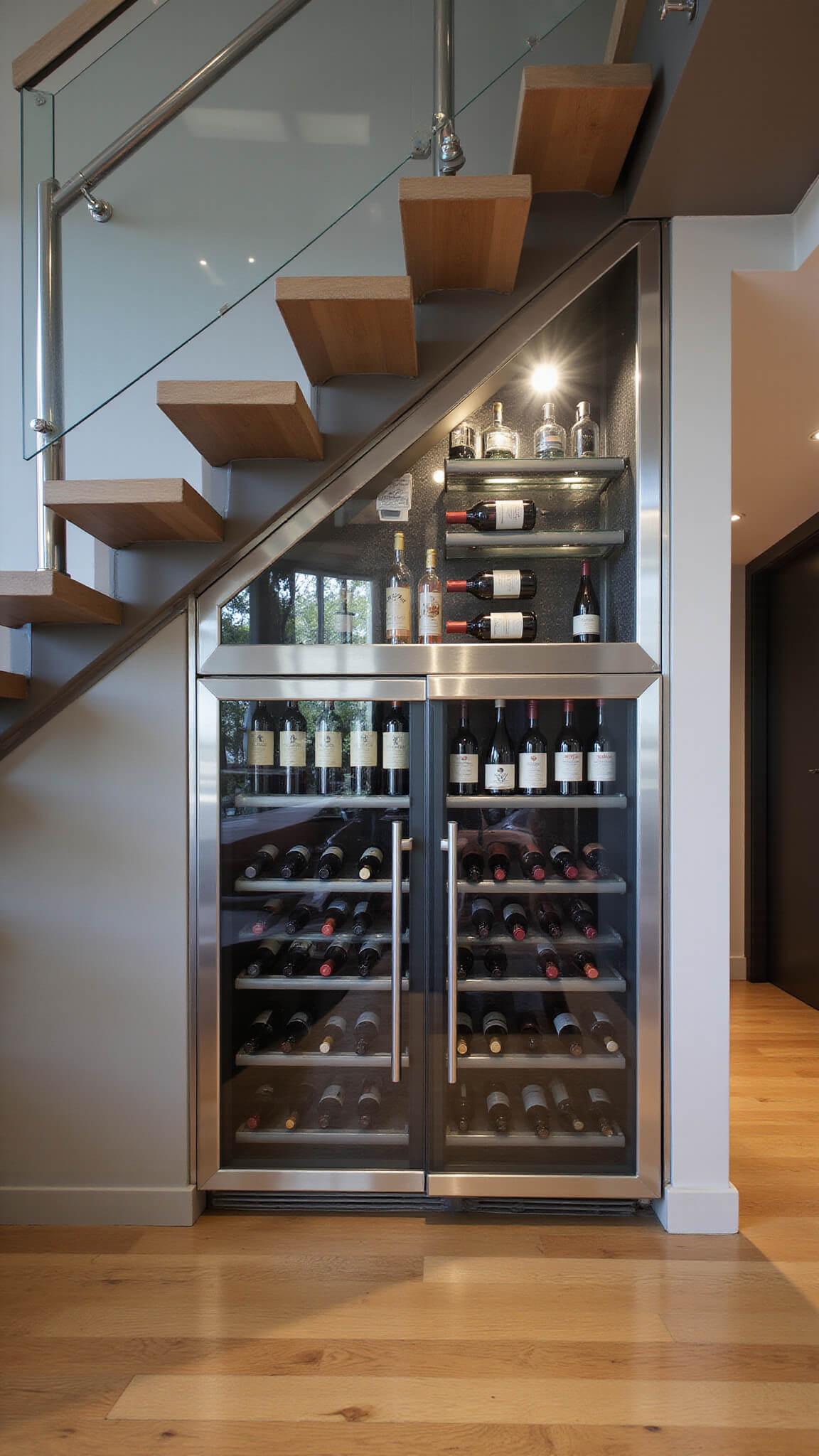 Modern wine storage beneath floating staircase with glass enclosure, steel racks, and dramatic evening lighting.