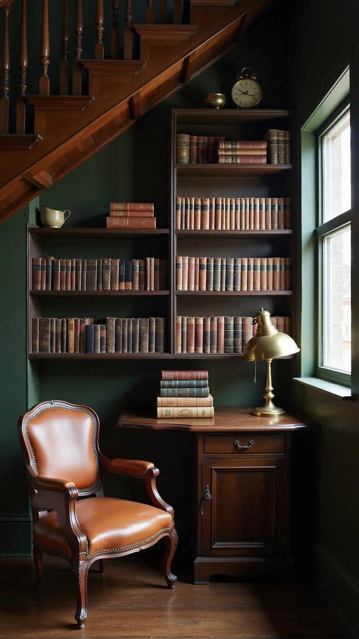 Moody vintage library nook with dark walnut shelves, leather-bound books, brass decor, and a leather armchair against deep green walls, lit by afternoon light through Victorian spindles.