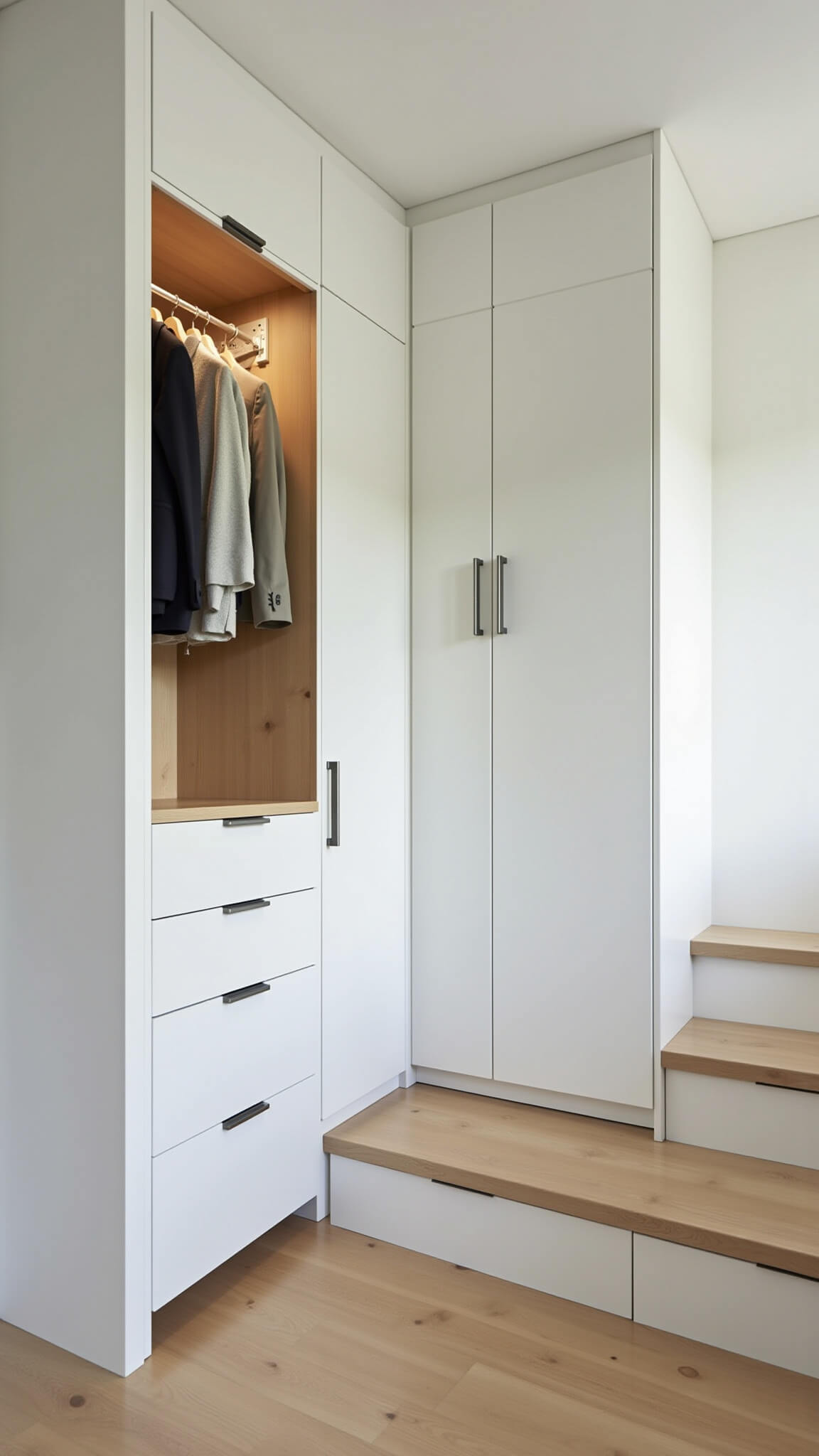 Minimalist family storage system with white lacquered cabinets and graduated drawers along stairs, illuminated by morning light, pale oak flooring, person shown for scale.