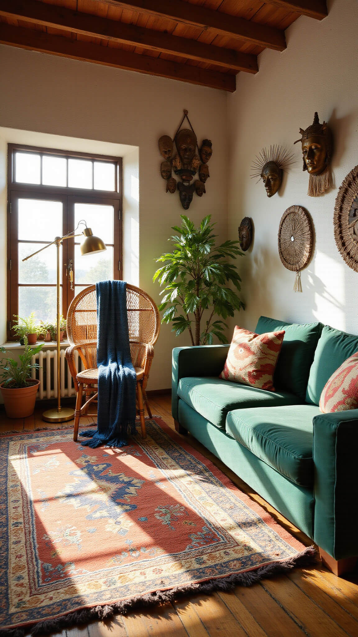 Sunlit bohemian living room with high ceilings, peacock rattan chair, indigo throw, layered rugs, emerald velvet sofa, brass lamps, hanging plants, and tribal mask gallery wall.