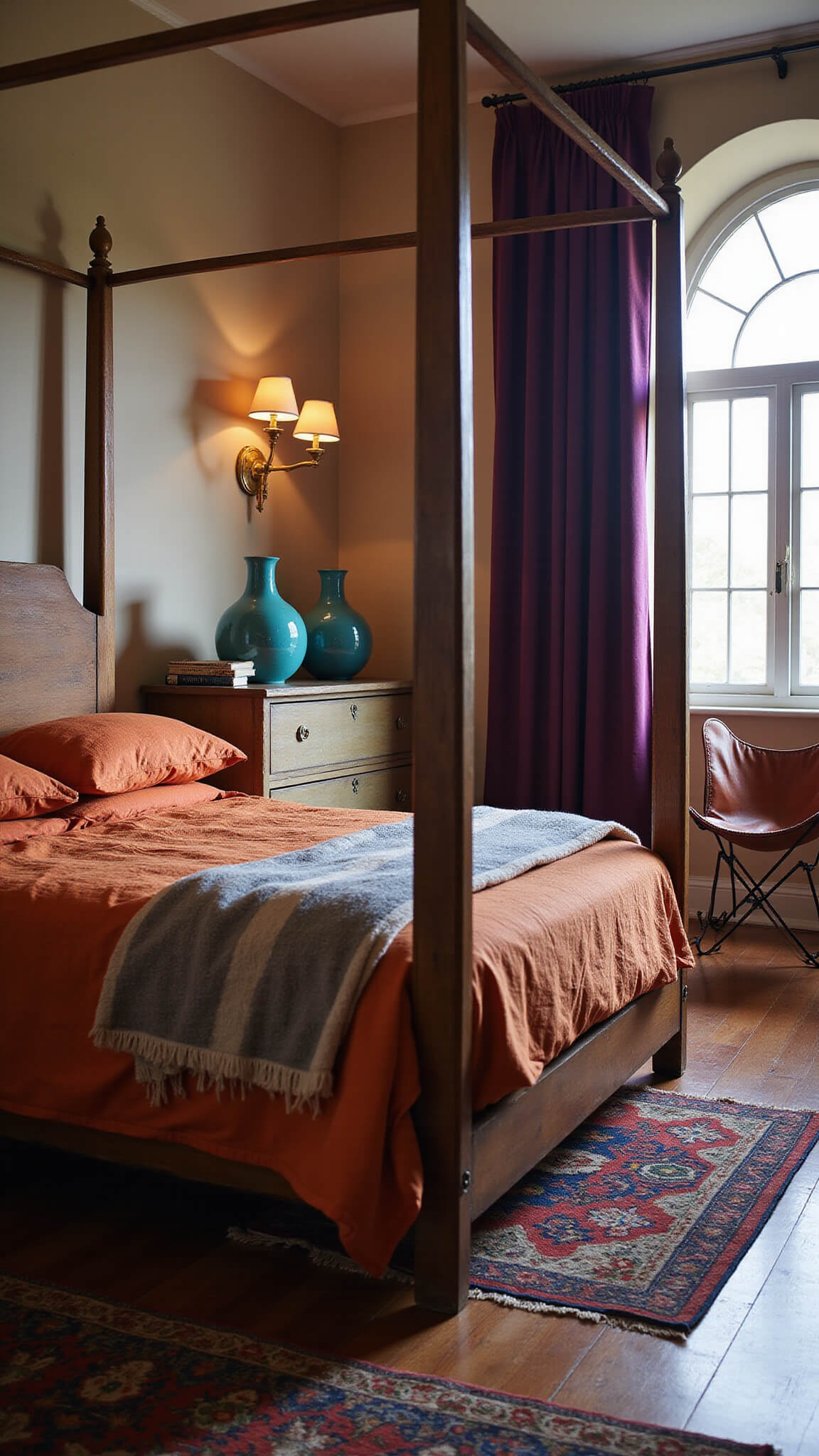 Cozy dawn-lit bedroom with terracotta linens on a four-poster bed, vintage Moroccan blankets, purple velvet curtains, and a rustic dresser flanked by colorful ceramic vessels.