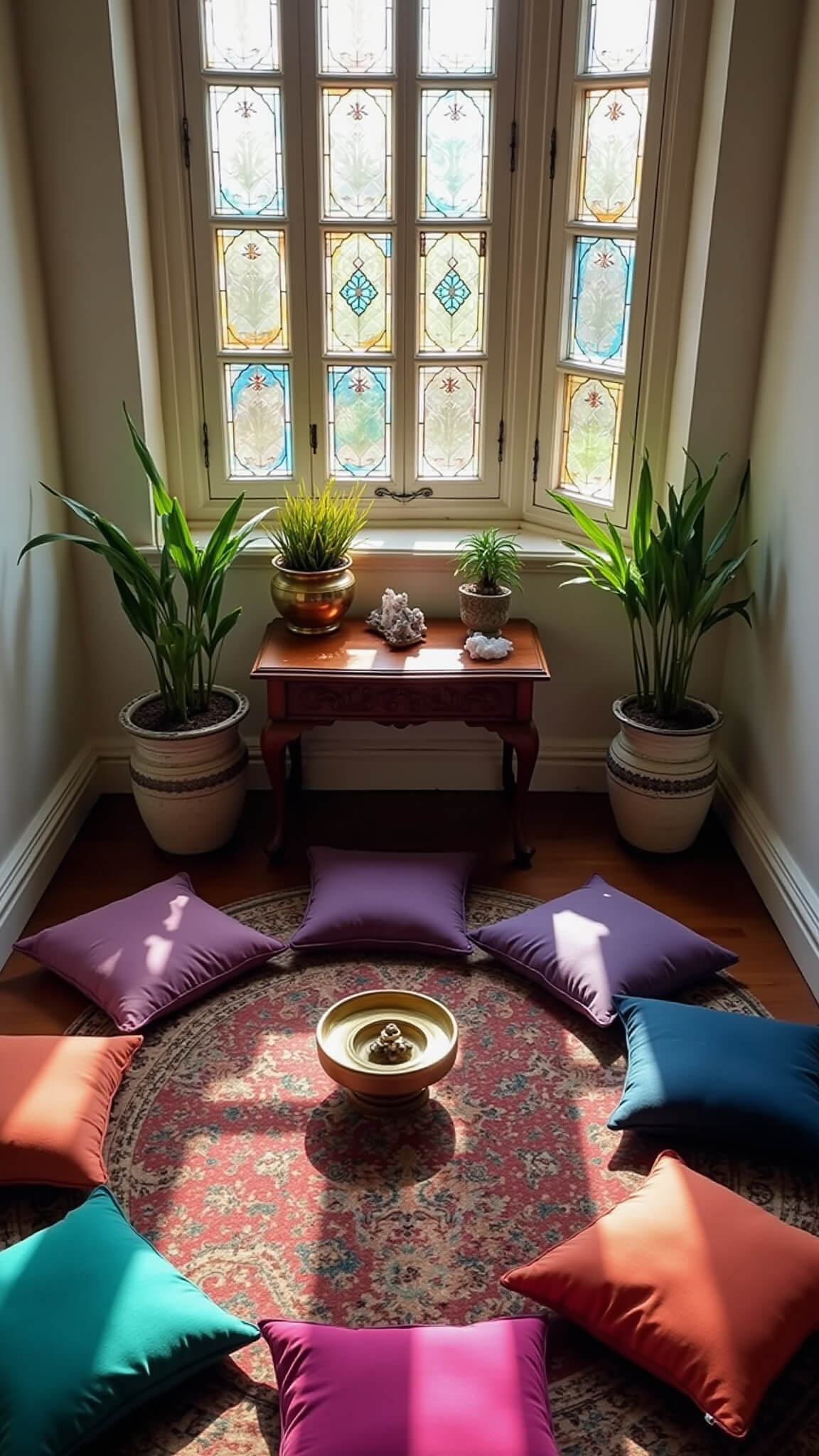 Top-down view of a cozy 8x10ft meditation corner with jewel-toned floor cushions in a circle, stained glass light patterns on white walls, a central brass incense holder on a carved table, surrounded by plants, prayer flags, and crystals.