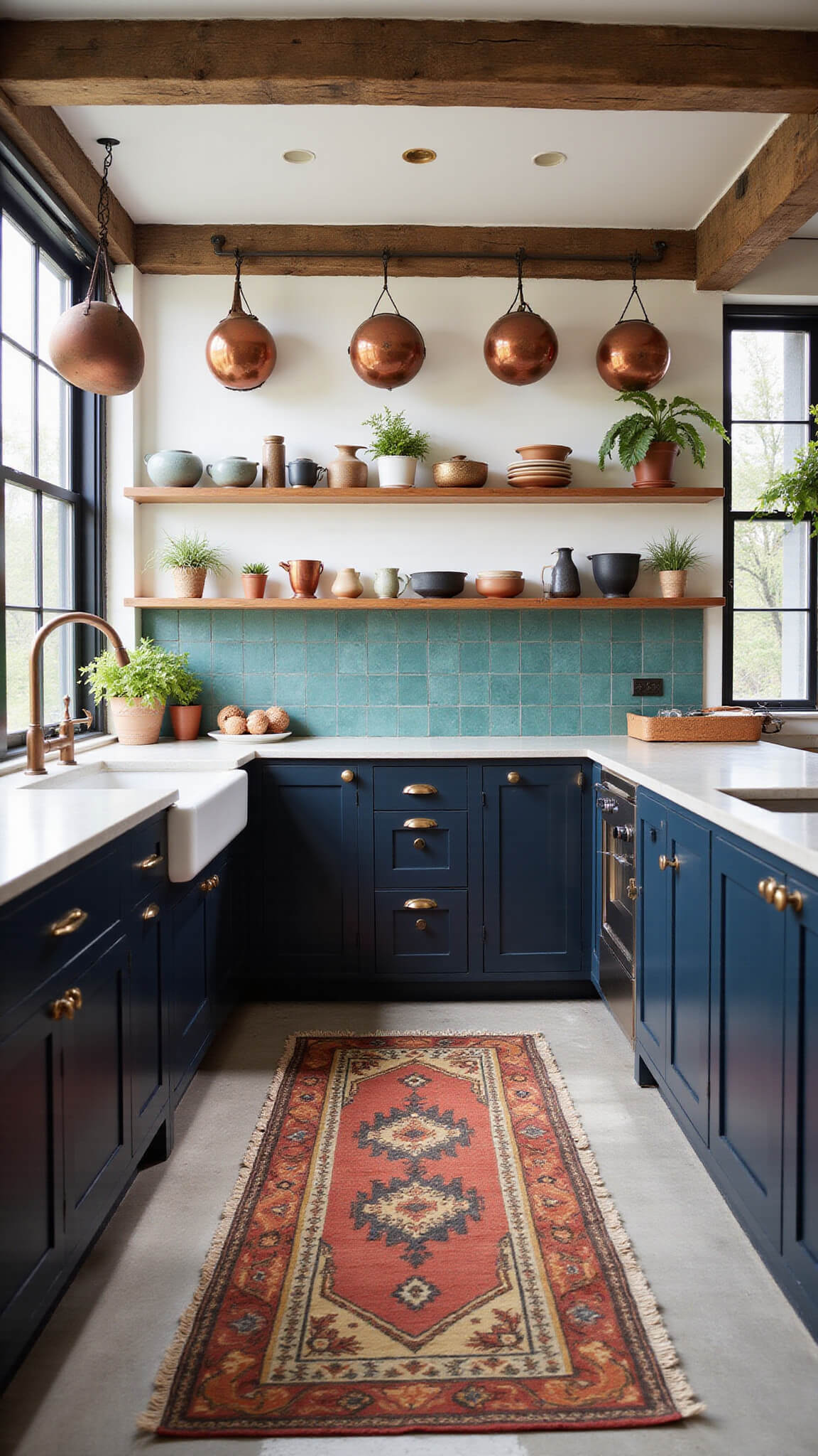 Modern bohemian kitchen with industrial accents, featuring open shelving of earth-tone pottery, copper pots on a wooden beam, teal and rust Moroccan tile backsplash, and a vintage kilim runner on concrete floors.