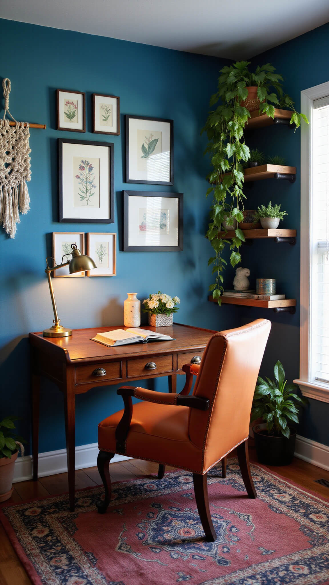 Eclectic home office with vintage roll-top desk, botanical prints, burnt orange leather chair, blue walls, brass lamp, layered Turkish rugs, and plants on industrial shelves.