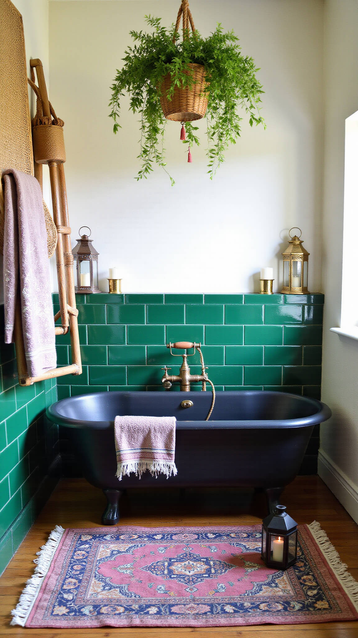 Bohemian bathroom with clawfoot tub, emerald green tiles, brass fixtures, Persian rug, Turkish towels, and hanging plants in morning light.