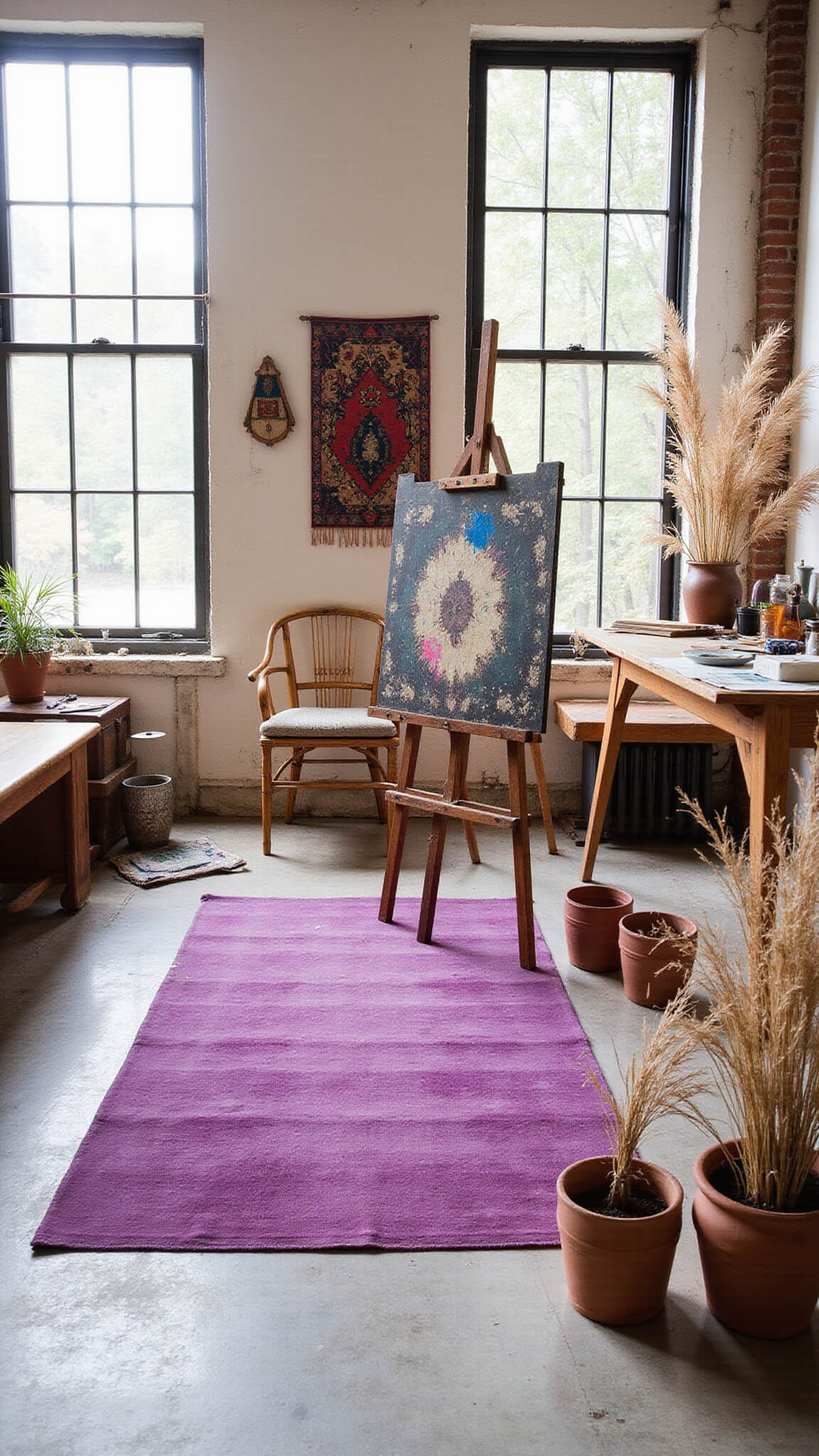 Artist's studio with large industrial windows, central paint-splattered easel on deep purple vintage rug, eclectic textiles on walls, rattan peacock chair beside mid-century desk, and clay pots with pampas grass and peacock feathers.