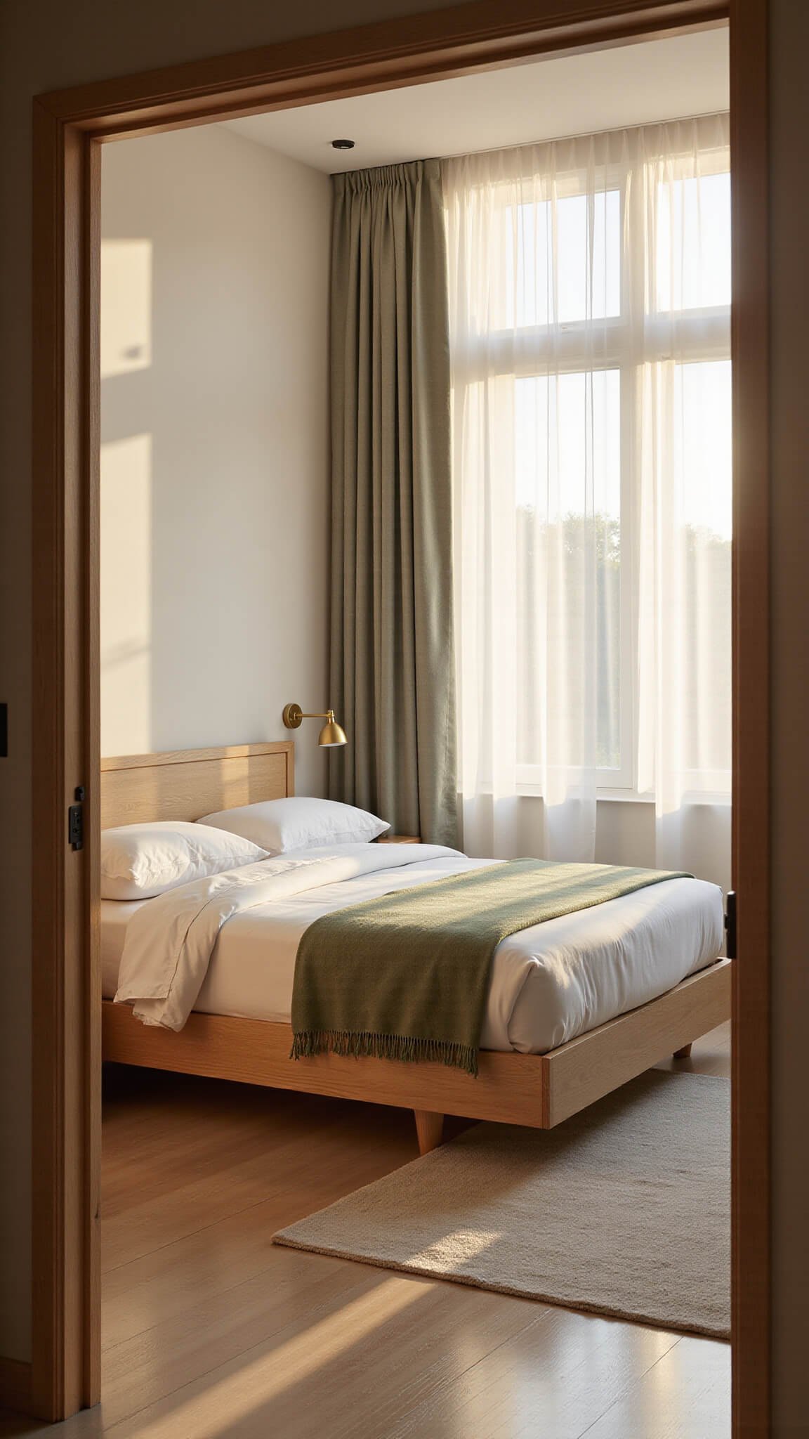 Modern 10x12 bedroom with queen storage bed under large window, sunlit sheer curtains, blonde wood accents, white and sage bedding, and brass sconces over floating nightstands.