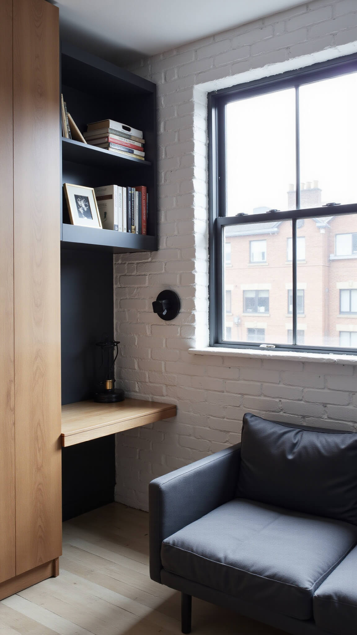 Wide-angle view of compact 8x10ft modern industrial bedroom with white brick wall, floating black desk and shelves, charcoal mid-century daybed, and floor-to-ceiling mirror reflecting morning light.
