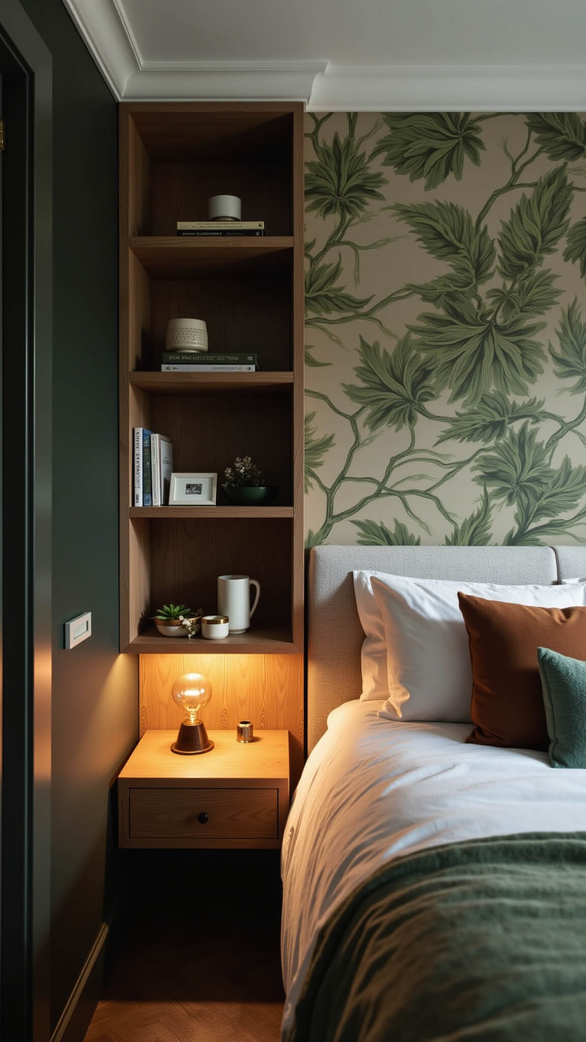Cozy 9x11ft bedroom at dusk with botanical accent wall, queen bed, built-in shelves, warm lighting, and vintage brass mirror in organic modern style.