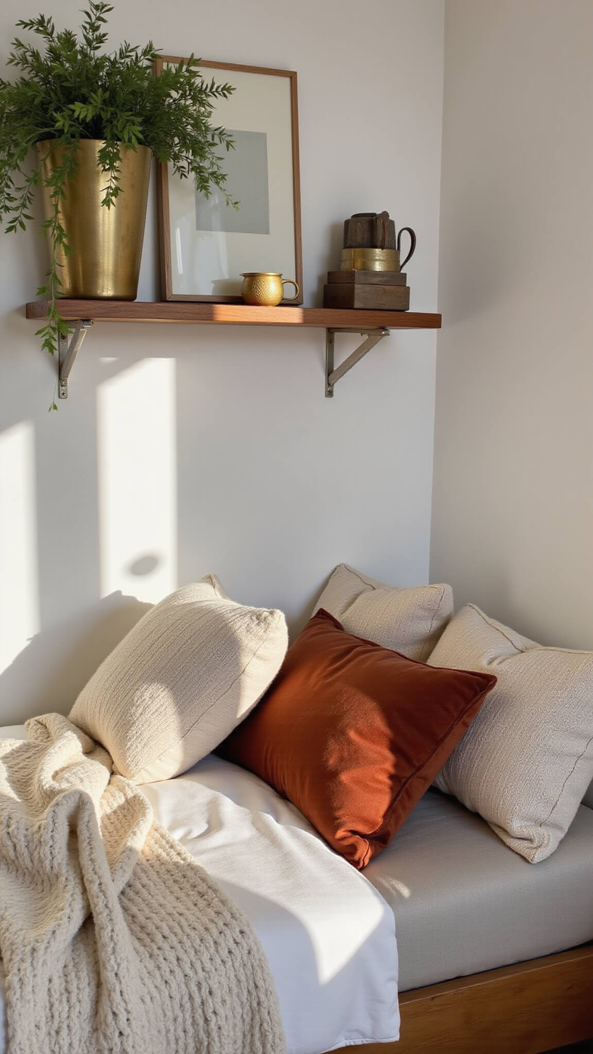 Bohemian modern bedroom corner with layered bedding, vintage brass decor, and sunlit textures in cream, rust, and cognac tones.