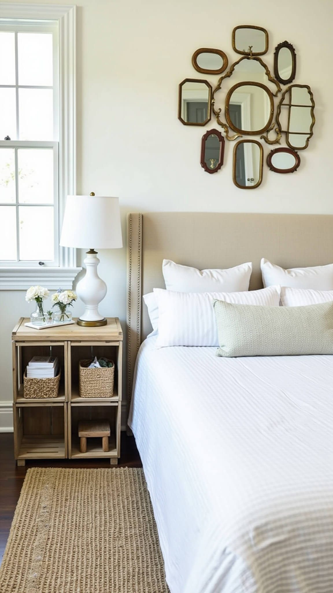 Small modern farmhouse bedroom with repurposed wooden crate nightstands, vintage mirrors, and a DIY natural linen headboard in soft morning light.
