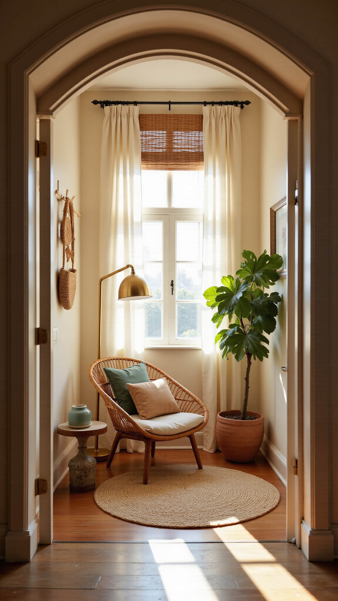 Cozy 12x14ft corner meditation alcove with rattan chair on cream jute rug, bathed in golden hour light through sheer curtains, featuring layered cushions, fiddle leaf fig, brass lamp, and natural textured decor.