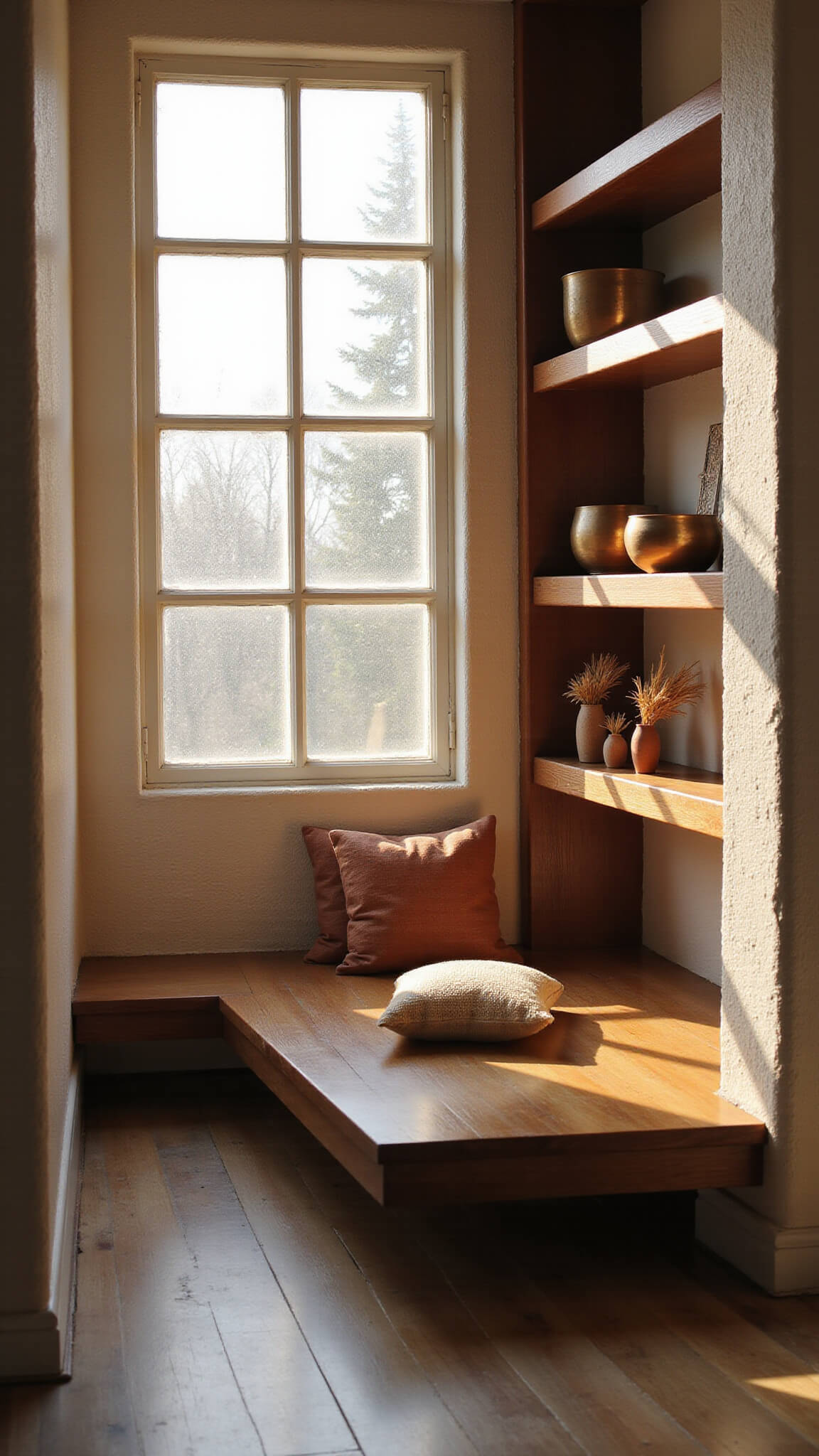 Cozy meditation nook with terracotta floor pillows, copper singing bowls on oak shelves, and morning light through frosted windows.