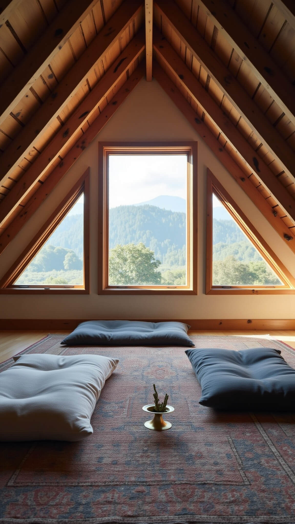Converted attic meditation room with exposed beams, floor cushions on Persian rug, mountain view through large windows at blue hour.