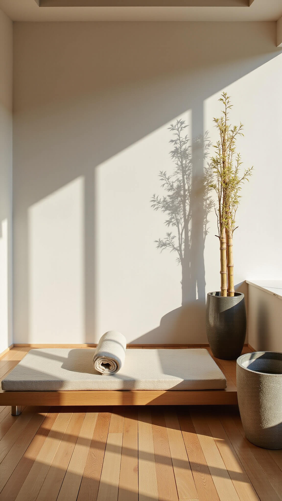 High-angle view of minimalist 10x12ft meditation room with low platform bed, rolled wool mat, geometric rice paper divider casting shadows, potted bamboo, stone water fountain, warm white grass cloth walls, and natural oak flooring.