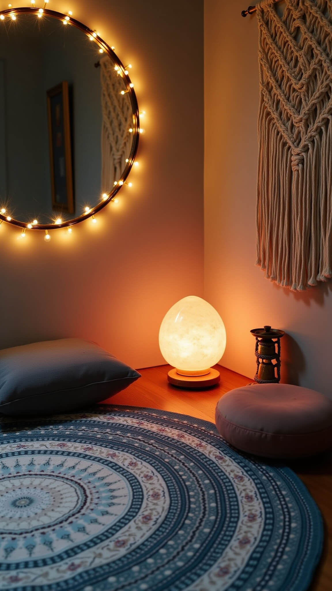 Cozy 6x8ft meditation corner at dusk with twinkle lights, Himalayan salt lamp, mandala rug, velvet cushions, macramé wall hanging, and brass incense holder, shot from above with soft-focus effect.