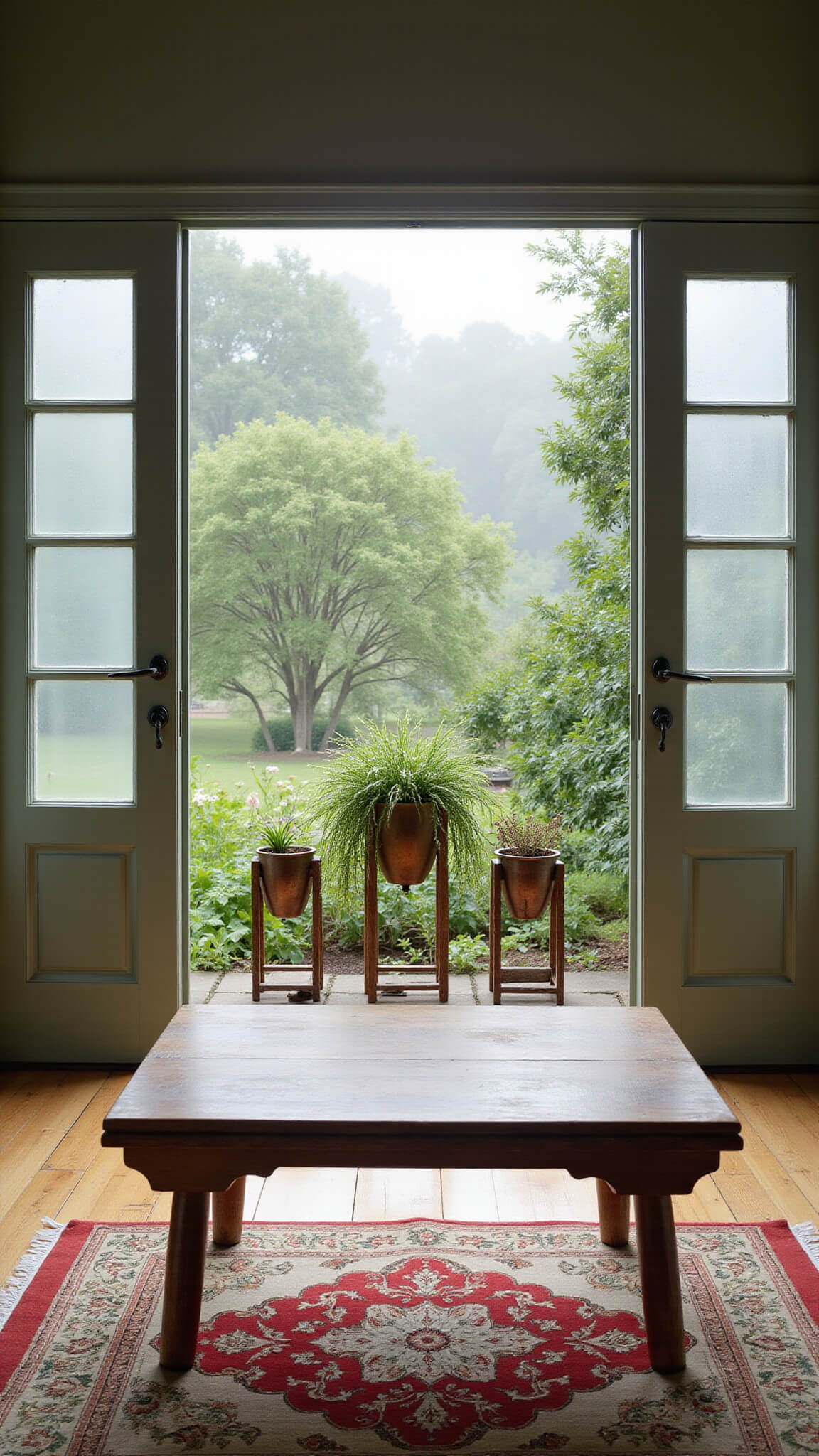 Morning mist fills a 12x15ft garden-view meditation sanctuary with sage green limewash walls, centered on a reclaimed teak platform over an antique Chinese rug, framed by French doors opening to an English garden; trailing plants on copper stands and vintage meditation bells enhance the serene space.