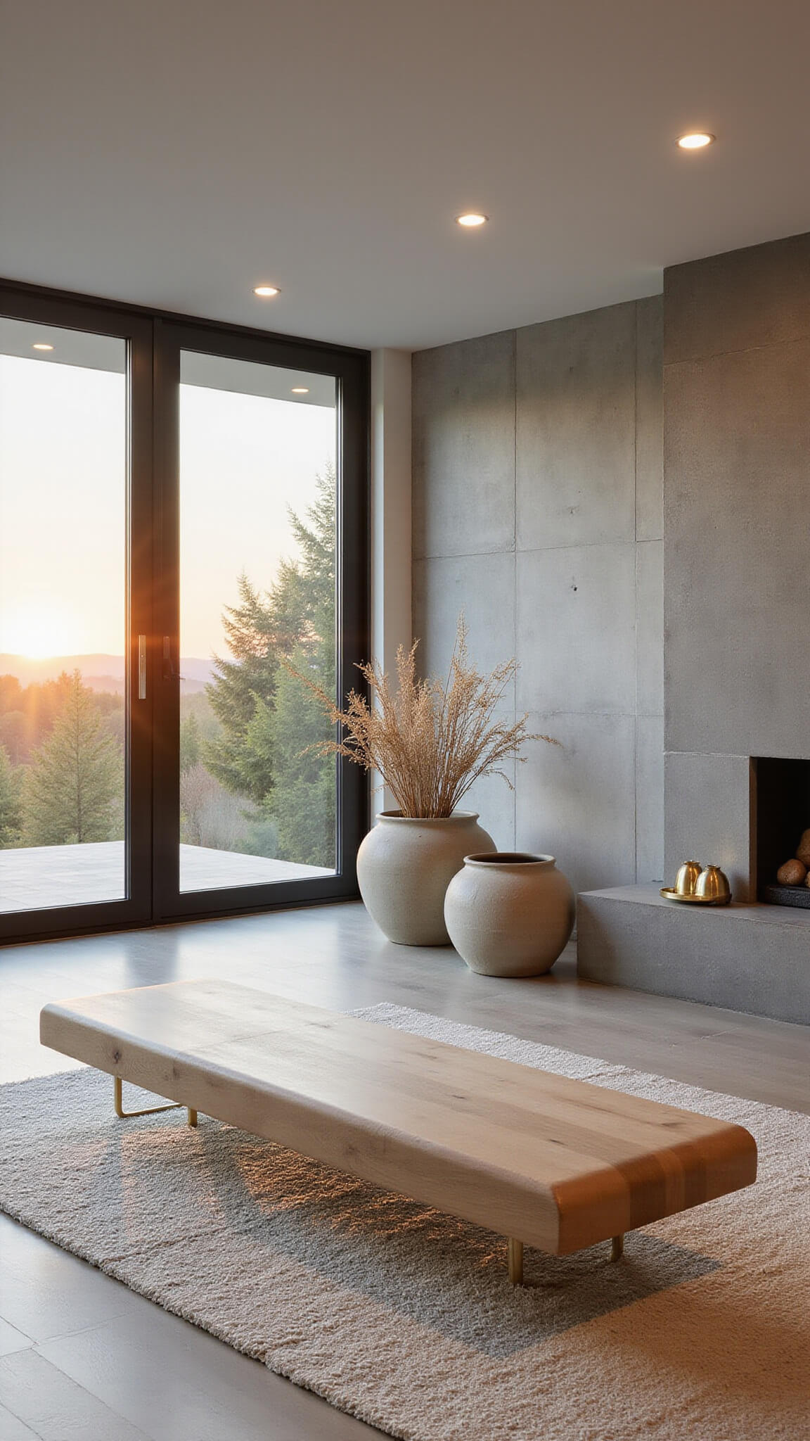 Modern 14x16ft meditation studio at sunset with floor-to-ceiling windows, bleached oak floating bench on ivory and grey wool rug, ceramic vessels with dried botanicals, concrete accent wall with built-in diffuser, and brass meditation timer catching golden light.