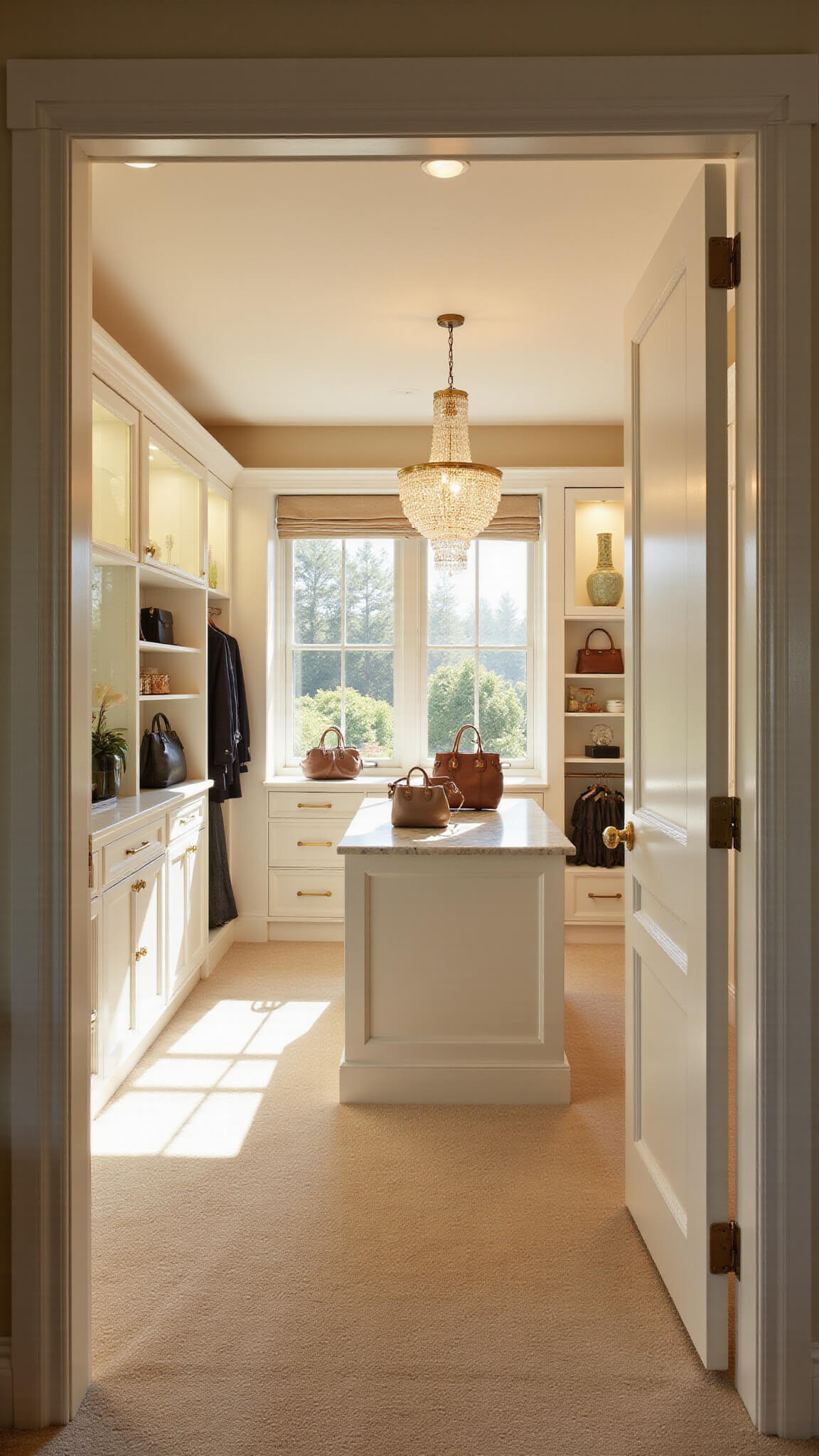 Luxurious walk-in closet with white cabinetry, marble island, and crystal chandelier bathed in golden hour light.