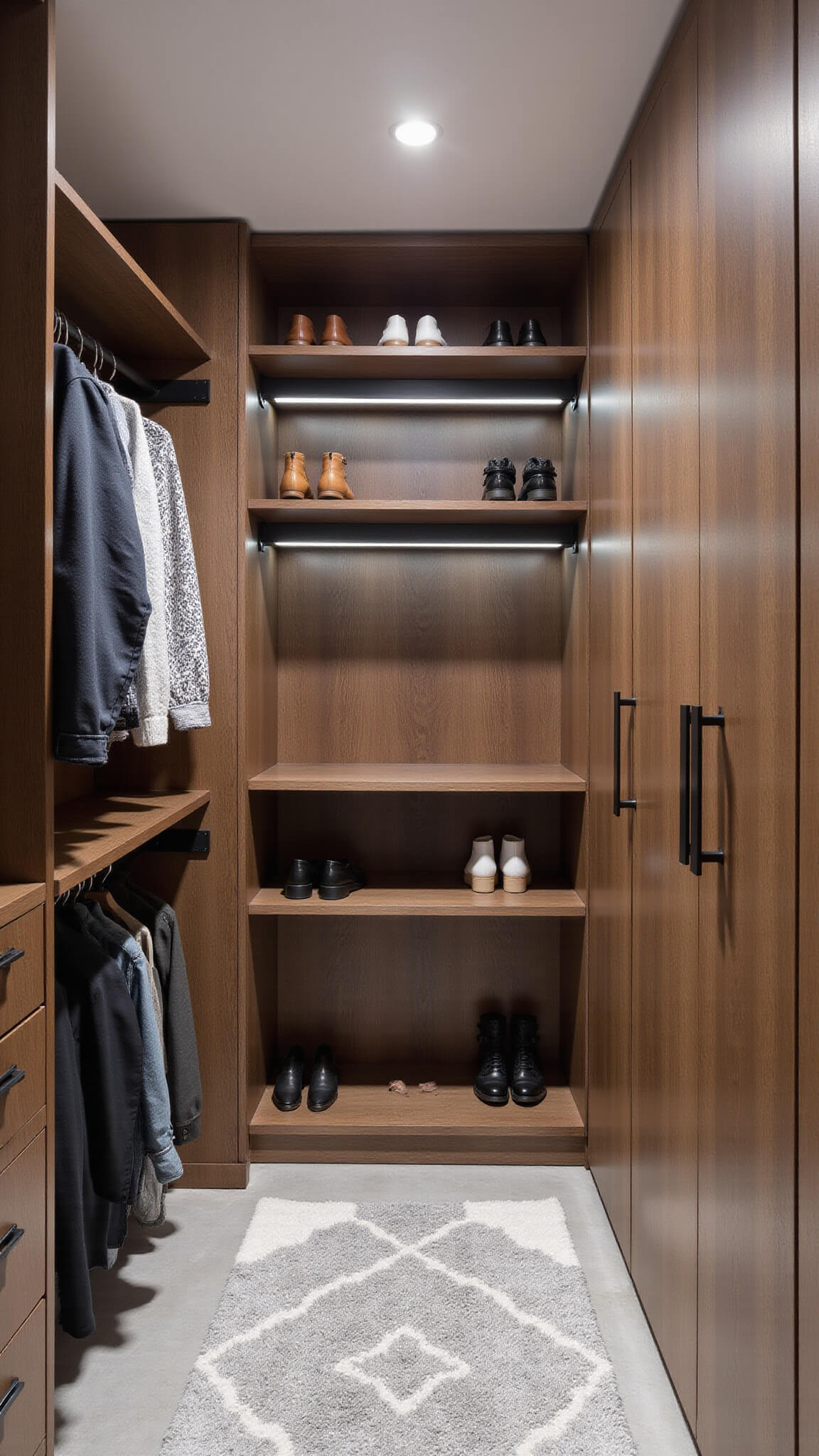 Modern minimalist 8x10 walk-in closet with walnut built-ins, matte black hardware, floating shelves with designer shoes, grayscale geometric rug, and LED-lit clothing rods.