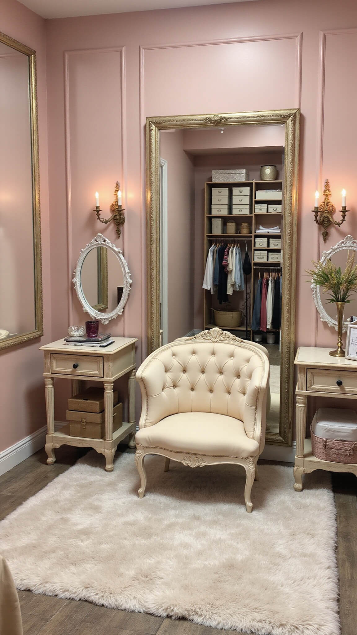 Boutique-style 10'x12' dressing room at dusk with blush pink accent wall, French provincial furniture, rose gold clothing racks, and soft ambient lighting.