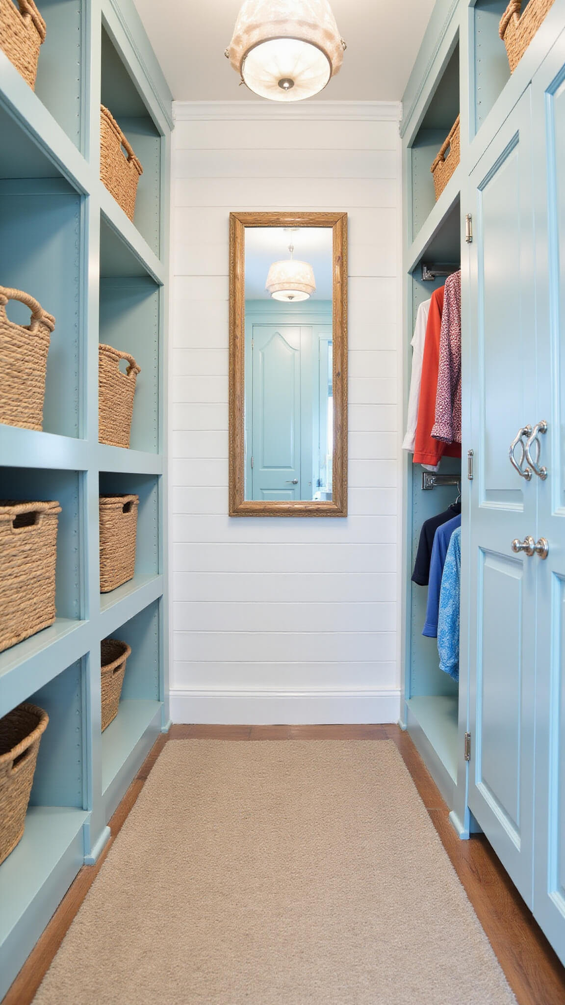 Bright coastal-themed walk-in closet with white shiplap walls, sea glass blue built-ins, natural fiber storage, chrome and rope hardware, and ocean-toned resort wear, reflected in a full-length mirror.