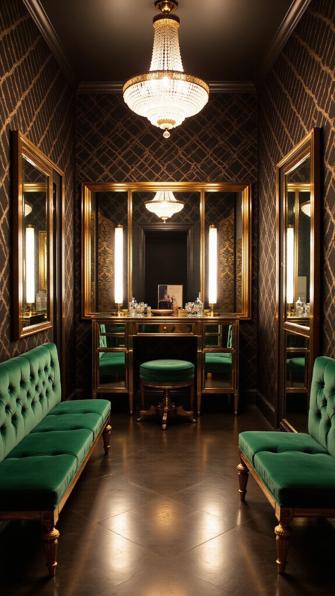 Art Deco dressing room with black and gold wallpaper, emerald velvet seating, mirrored cabinets, vintage vanity, and cascading crystal chandelier in dramatic evening lighting.