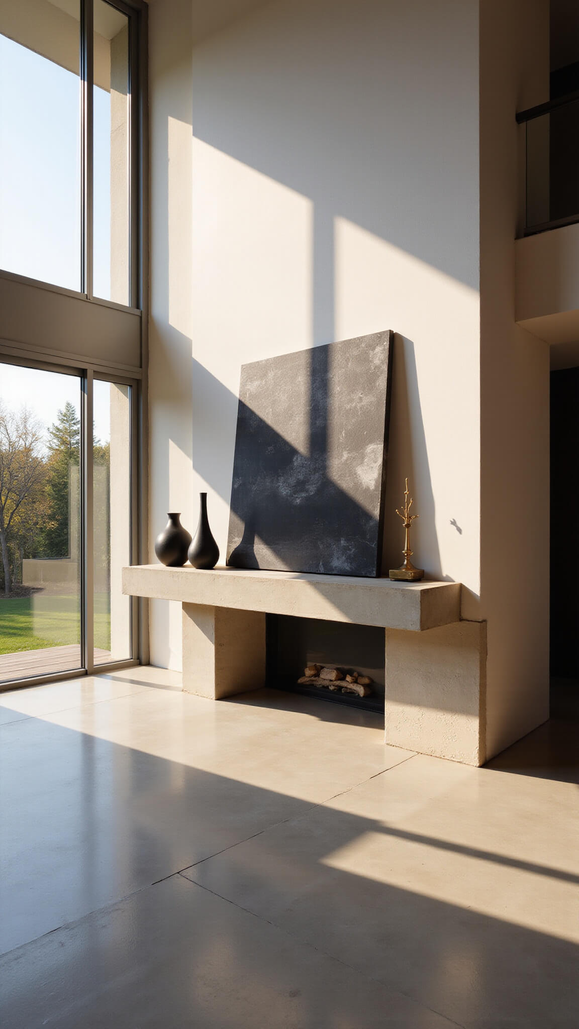 Minimalist 14-foot living room with concrete mantle, abstract canvas, geometric black vases, and brass sculpture, lit by golden hour sunlight through floor-to-ceiling windows.