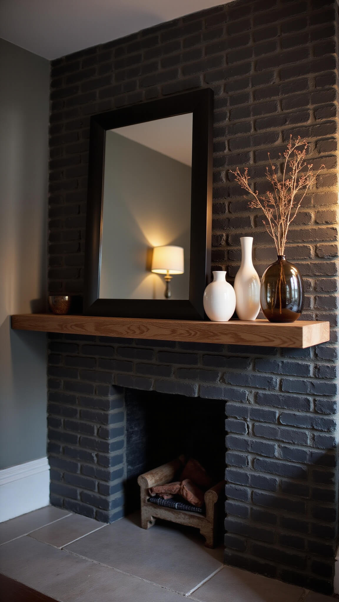 Moody 12x12 sitting room at dusk with floating wood mantle on charcoal brick, round black-framed mirror, ceramic vessels, and sculptural branch in ambient lighting.