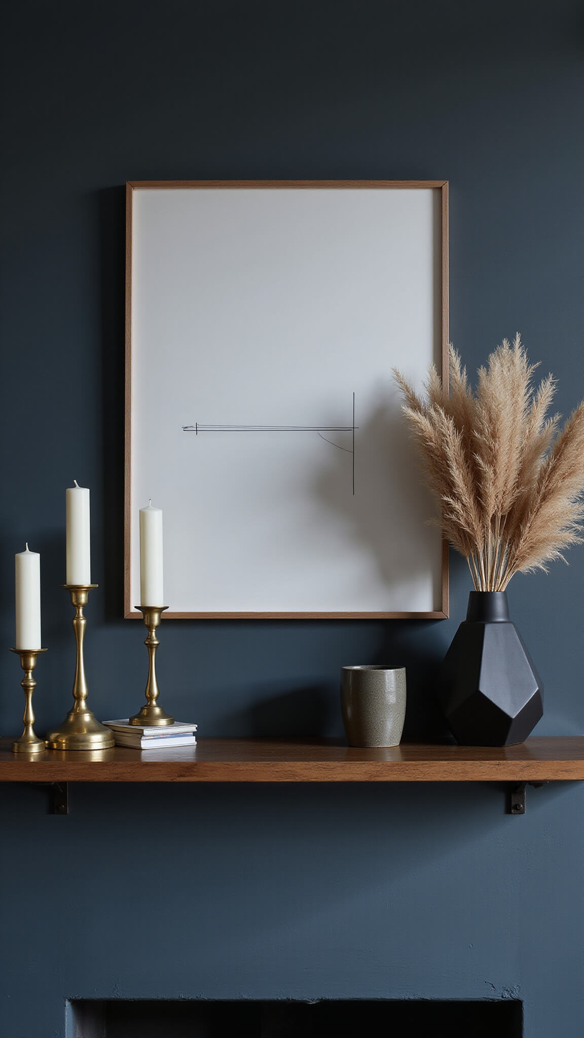 Cozy den at blue hour with industrial steel mantle shelf, vintage brass candlesticks on the left, black vase with pampas grass on the right, and minimalist line art in center under moody lighting.