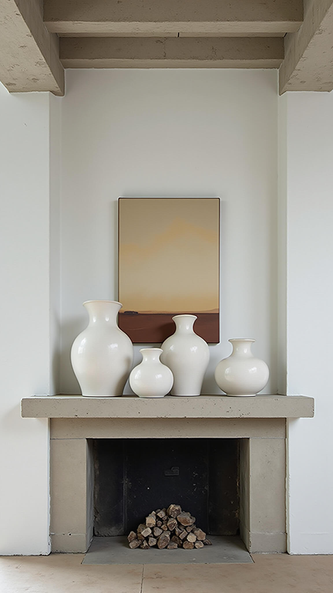 Contemporary loft with suspended concrete mantle, asymmetrical white ceramic vessels, and earth-tone abstract art under bright noon lighting.