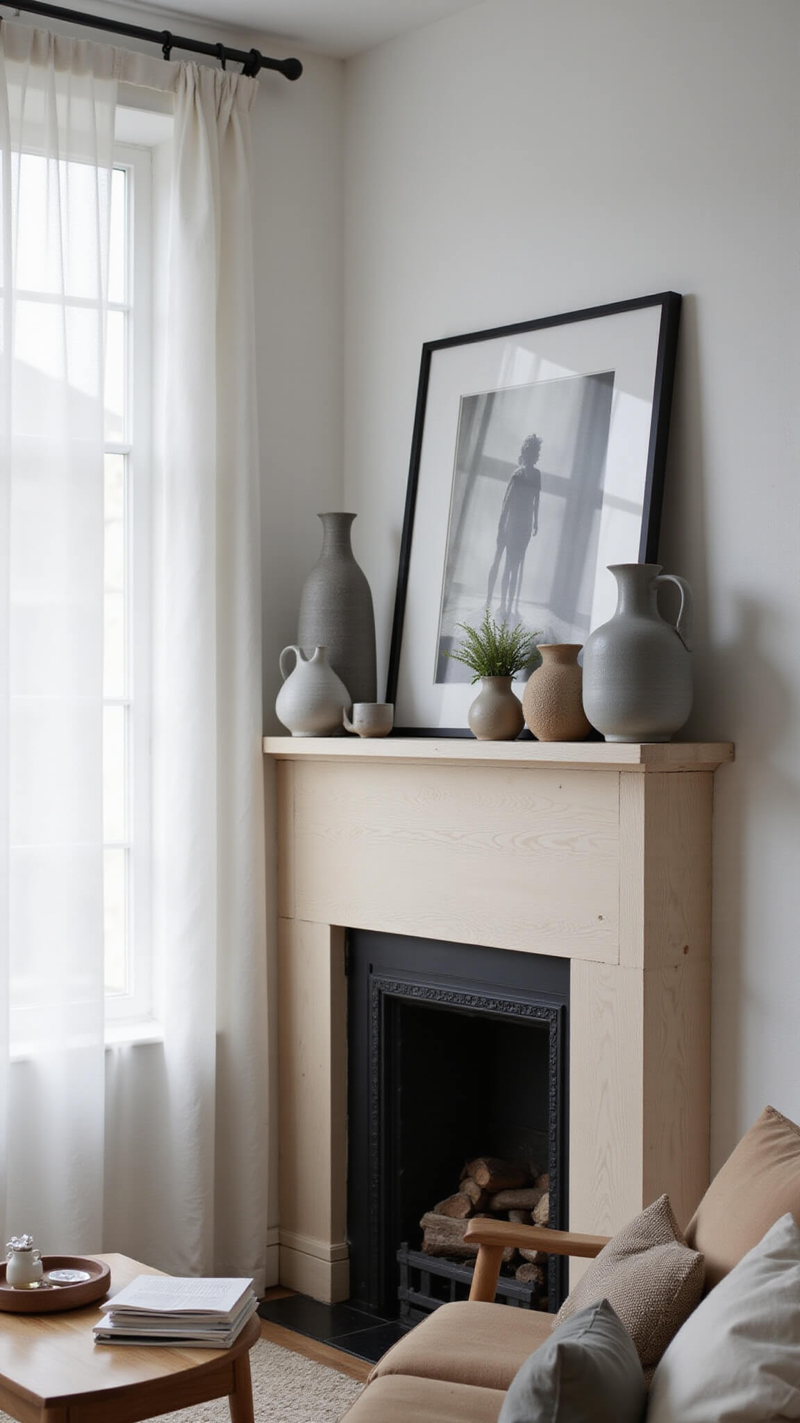 Scandinavian-style living room with pale wood mantle, hand-thrown gray pottery, and black and white photograph in soft morning light.