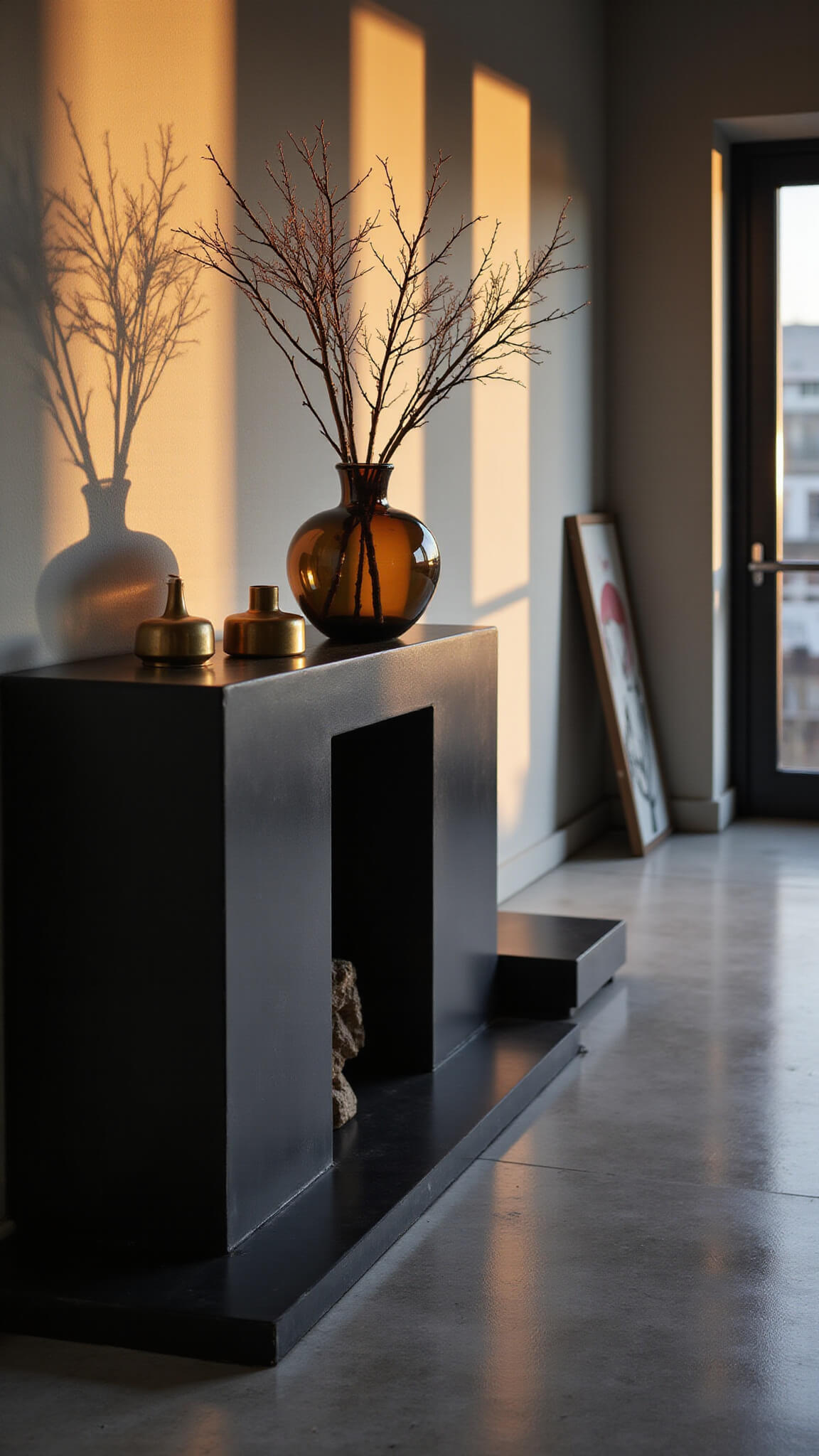 Urban apartment interior at sunset with matte black steel mantle, minimalist decor, and dramatic side lighting casting long shadows.