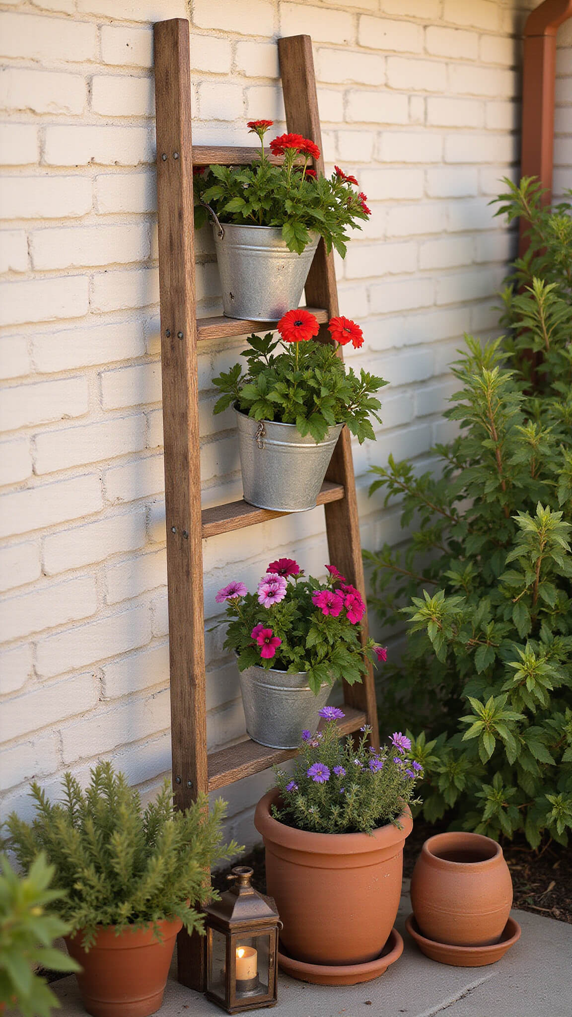 Rustic vertical garden with petunias in zinc buckets on wooden ladder against white brick wall, copper lantern and terracotta pots at base, bathed in warm golden hour light.