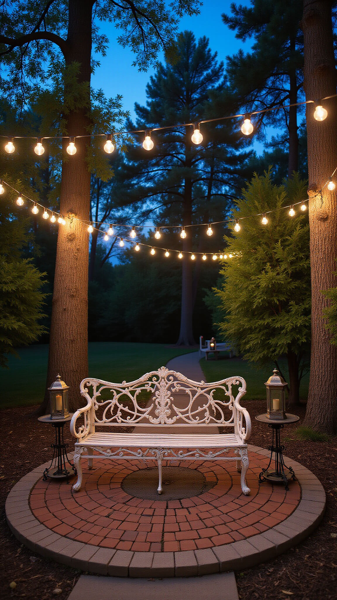 Bird's eye view of a cozy 12x12ft garden with a white chipped Victorian bench on a circular brick patio, flanked by vintage side tables with lanterns, under string lights at dusk.