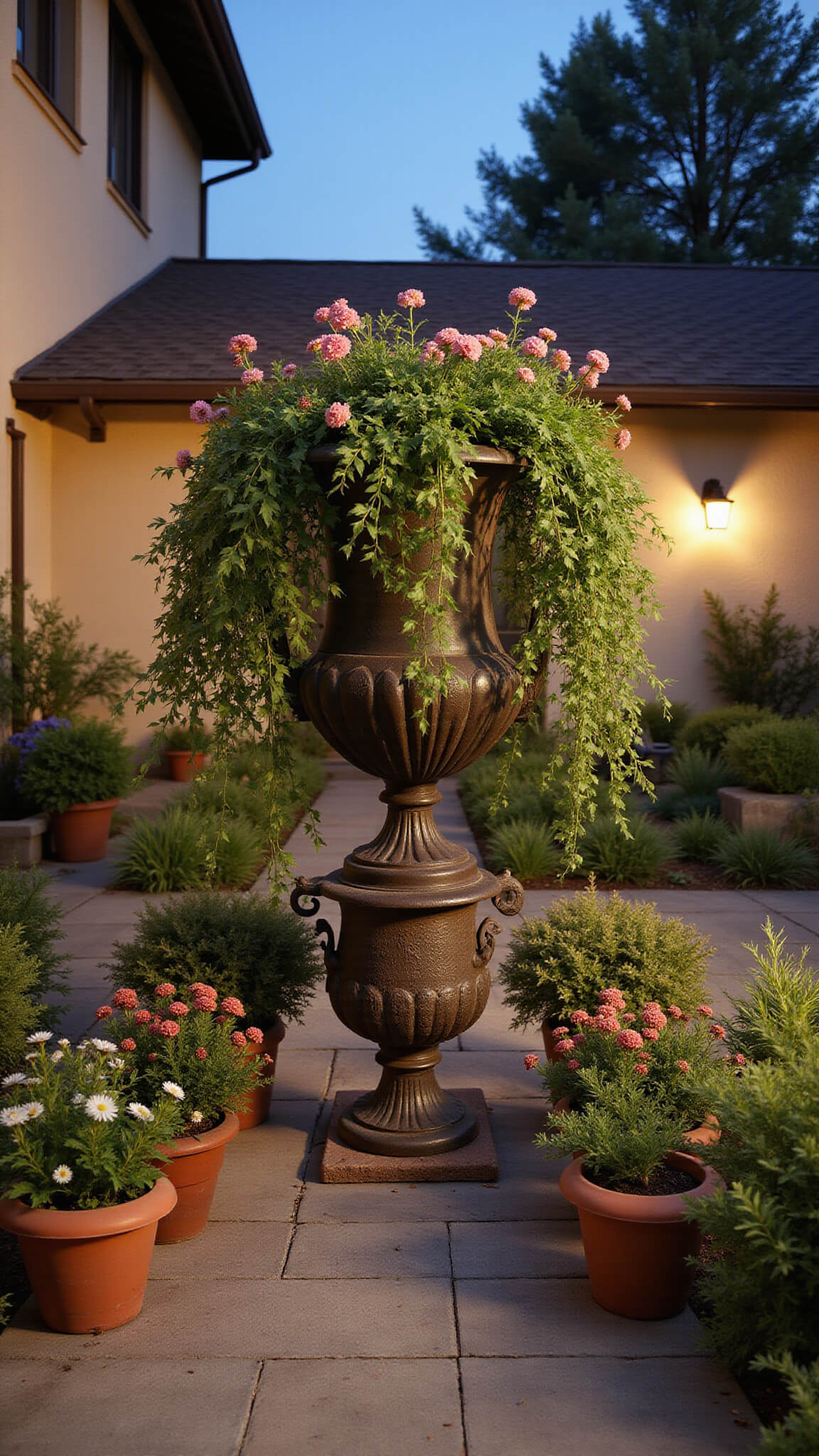 Twilight courtyard garden with antique iron urn overflowing with vines and blooms, surrounded by vintage containers and warm uplighting, stone pathway leading through scene.