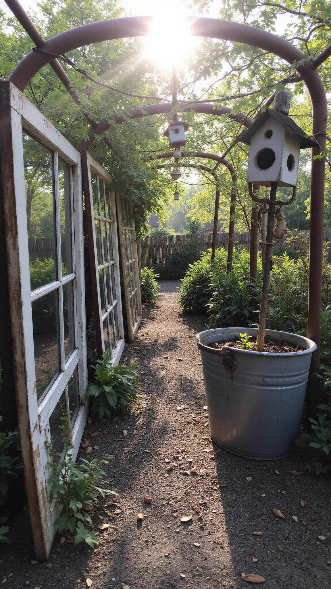 Eye-level view of a 30ft garden path with vintage decor like old window trellises, birdhouses on copper poles, and galvanized tub planters, backlit by late afternoon sun.