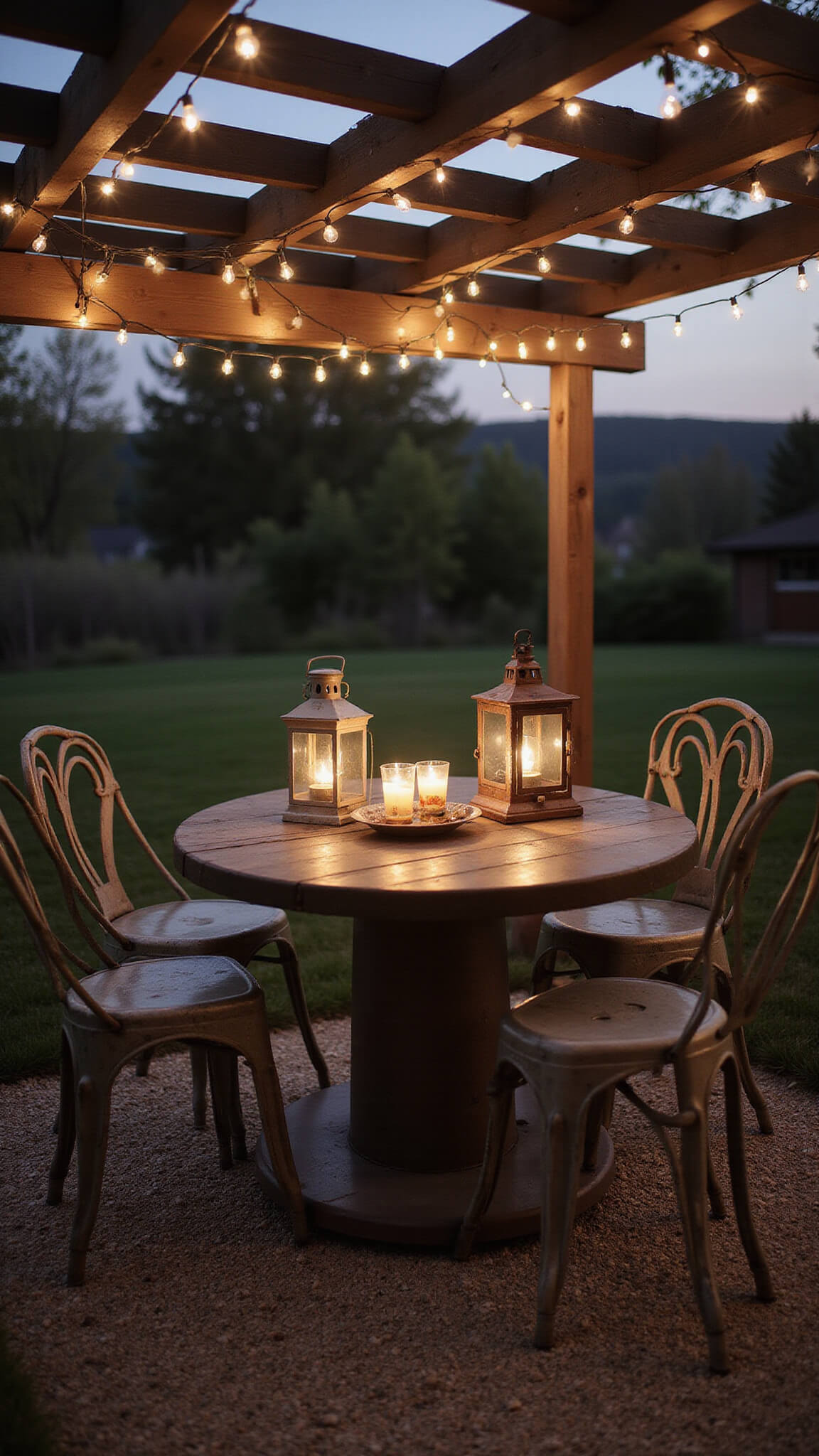 Vintage garden seating area at dusk with distressed metal chairs, spool table, glowing lanterns, and fairy lights under pergola.