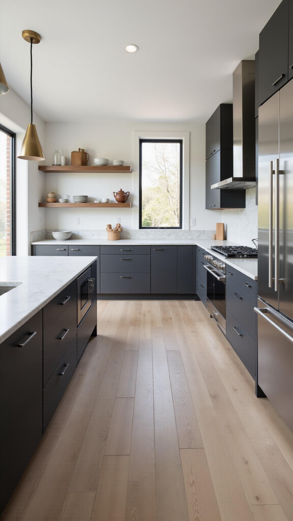 Modern 15x20ft kitchen with floor-to-ceiling windows, white oak floors, charcoal cabinets, marble waterfall island, brass pendant lights, and stainless steel appliances, shot from a low corner angle.