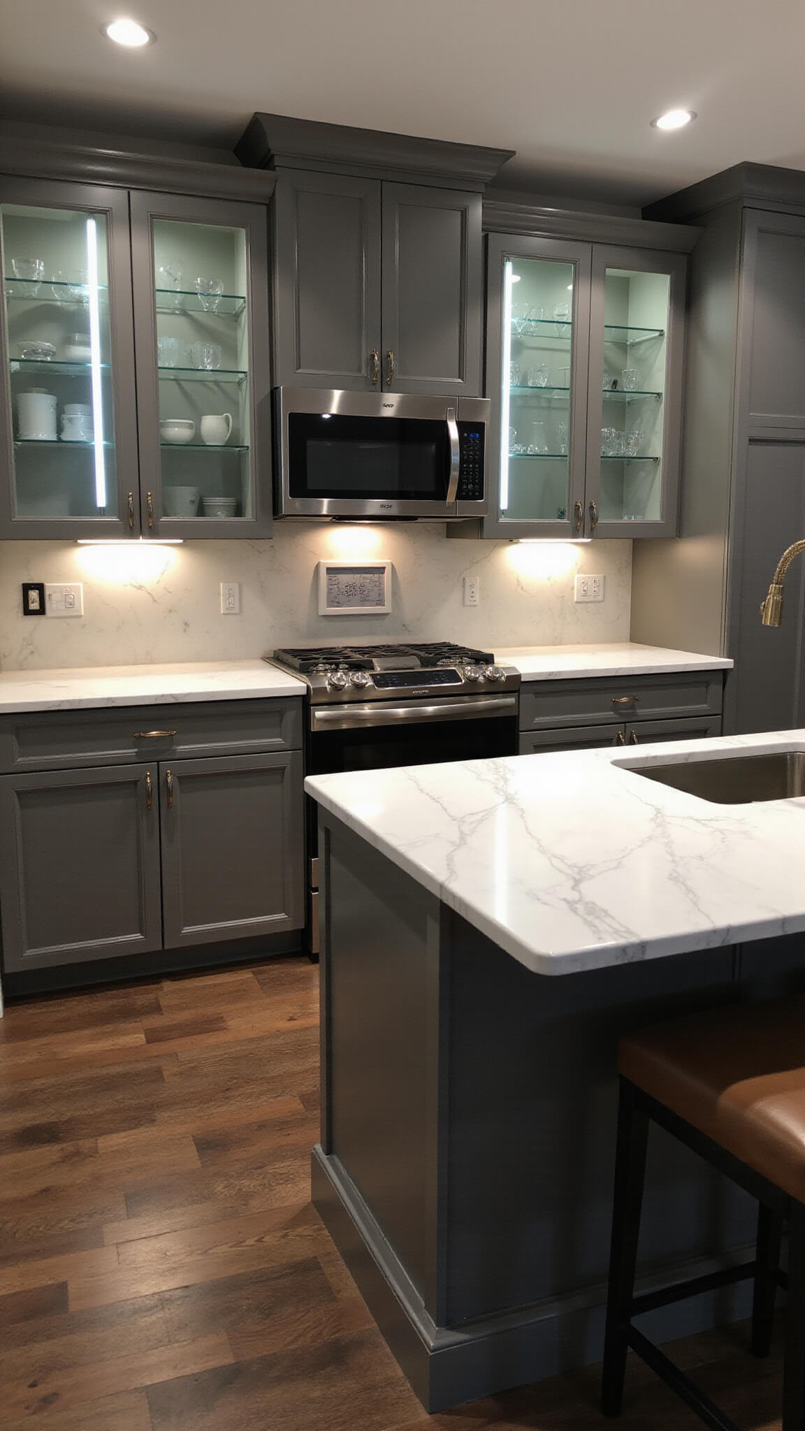 Smart kitchen with LED-lit glass cabinets, central touchscreen control panel in quartz backsplash, hidden charging ports, and bronze fixtures under warm lighting.
