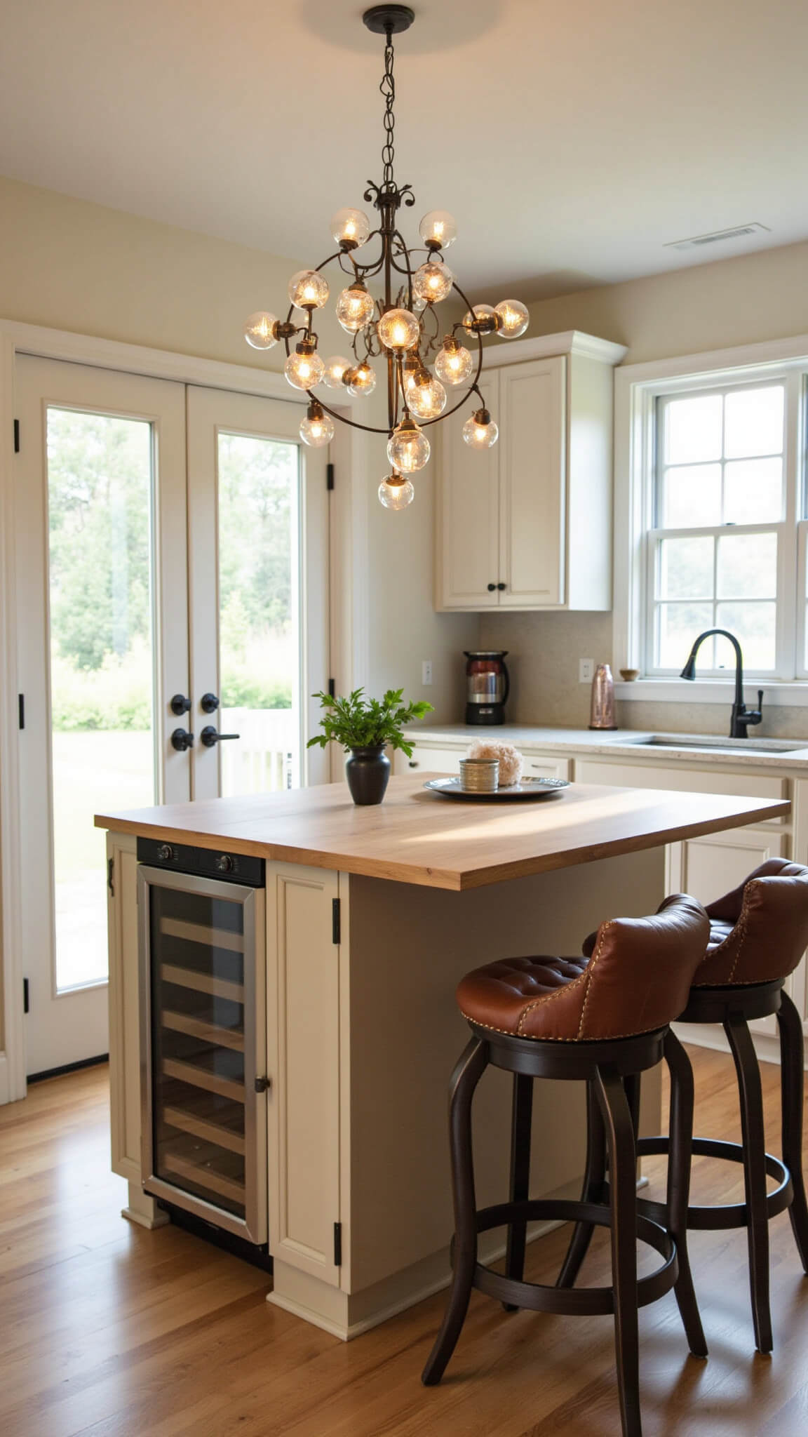 Multi-functional white oak kitchen island with wine fridge, prep sink, and cognac leather stools, accented by copper cookware and fresh herbs, lit by golden hour sunlight and pendant lights.
