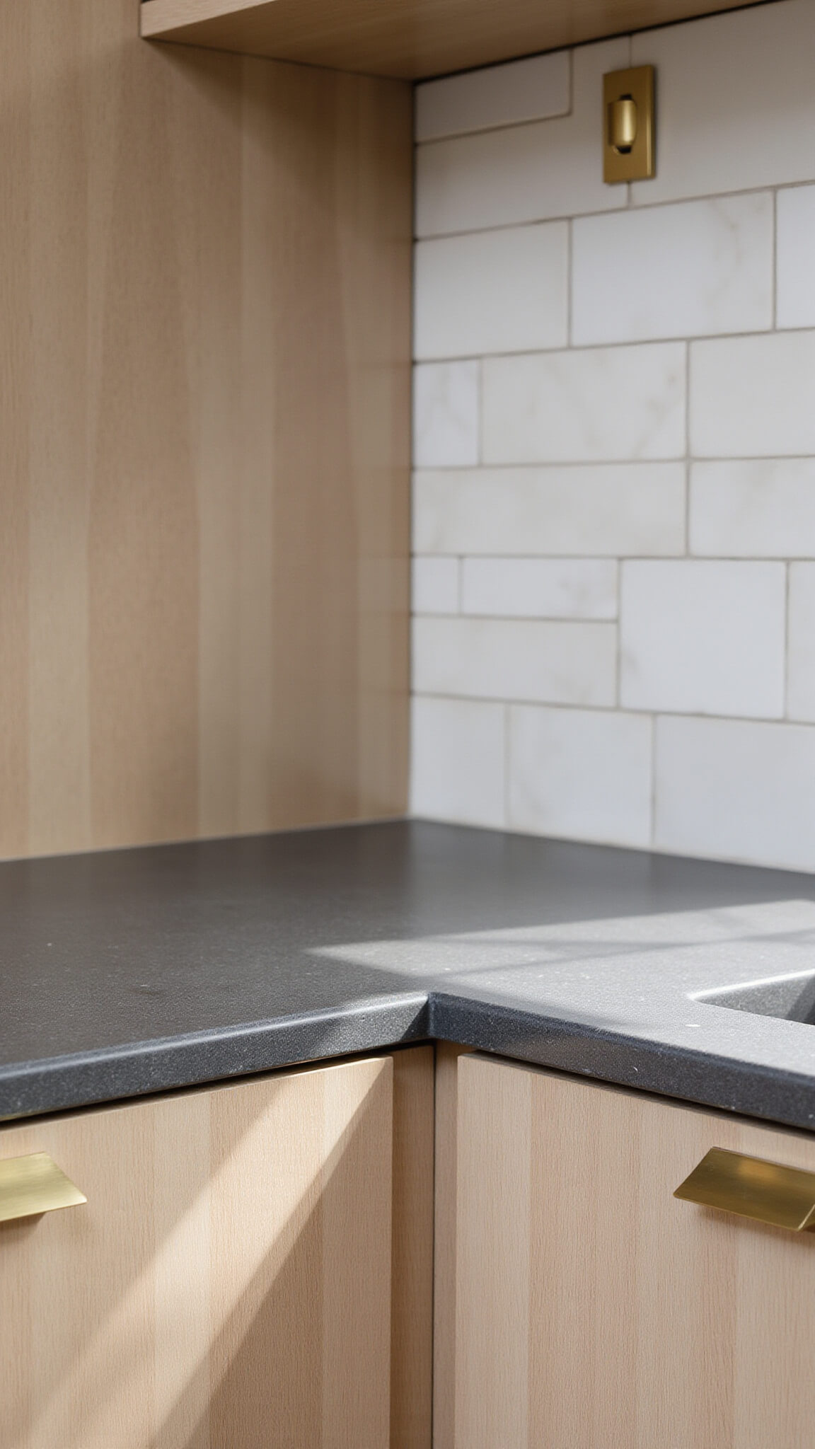 Macro shot of modern kitchen corner showing honed soapstone countertop meeting bleached oak cabinets and handmade ceramic tile backsplash, with brushed brass hardware in late afternoon light highlighting surface textures.