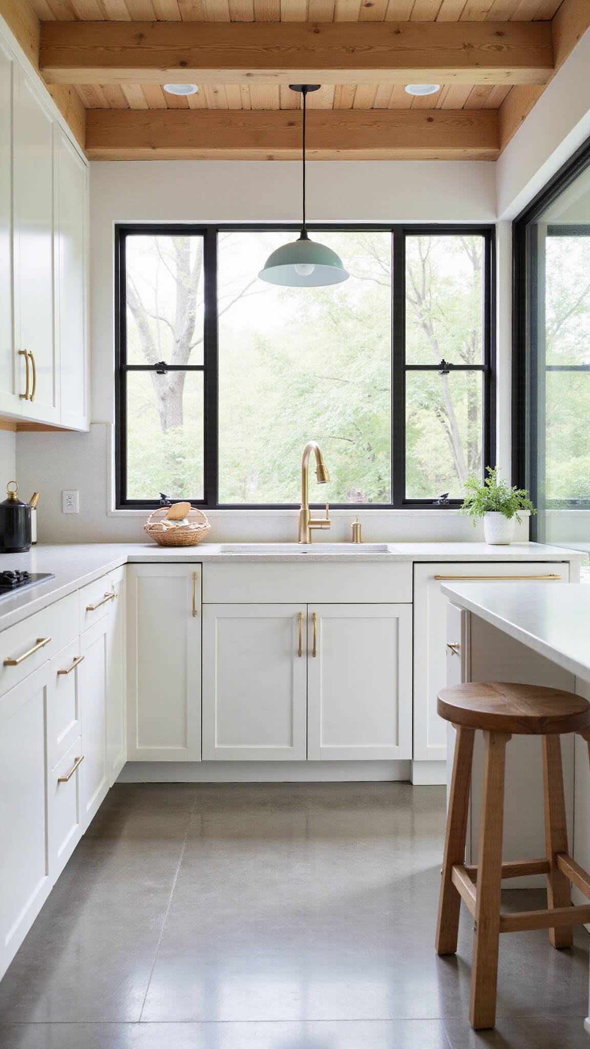 Neutral modern kitchen with soft white shaker cabinets, warm gray concrete floors, bamboo accents, black metal window frames, and pale blue pendant lights, shot straight-on with natural light.