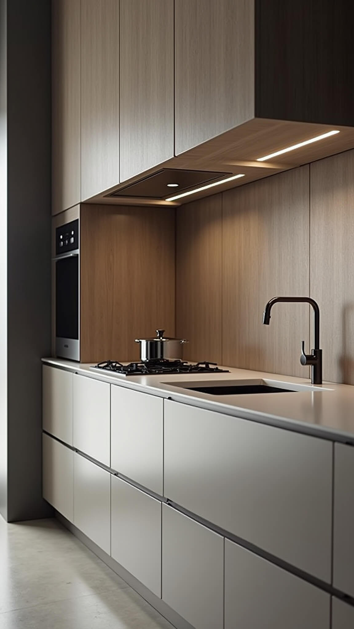 Close-up of modern handle-less gray kitchen cabinets with integrated appliances, LED lighting, quartz waterfall counter, and vertical wood panels.