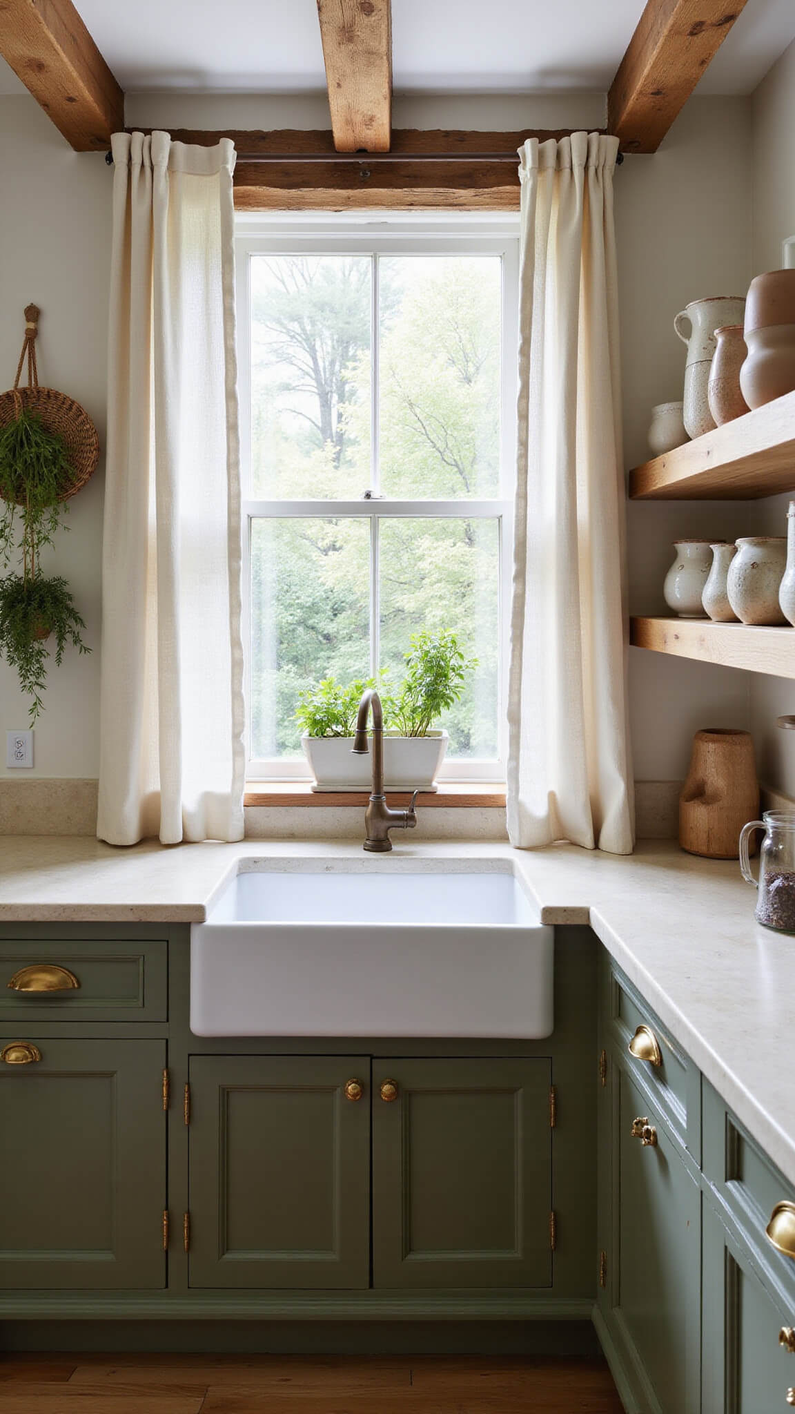 Farmhouse kitchen corner with olive green cabinets, a large window over a sink, floating shelves with pottery, and morning light filtering through linen curtains.