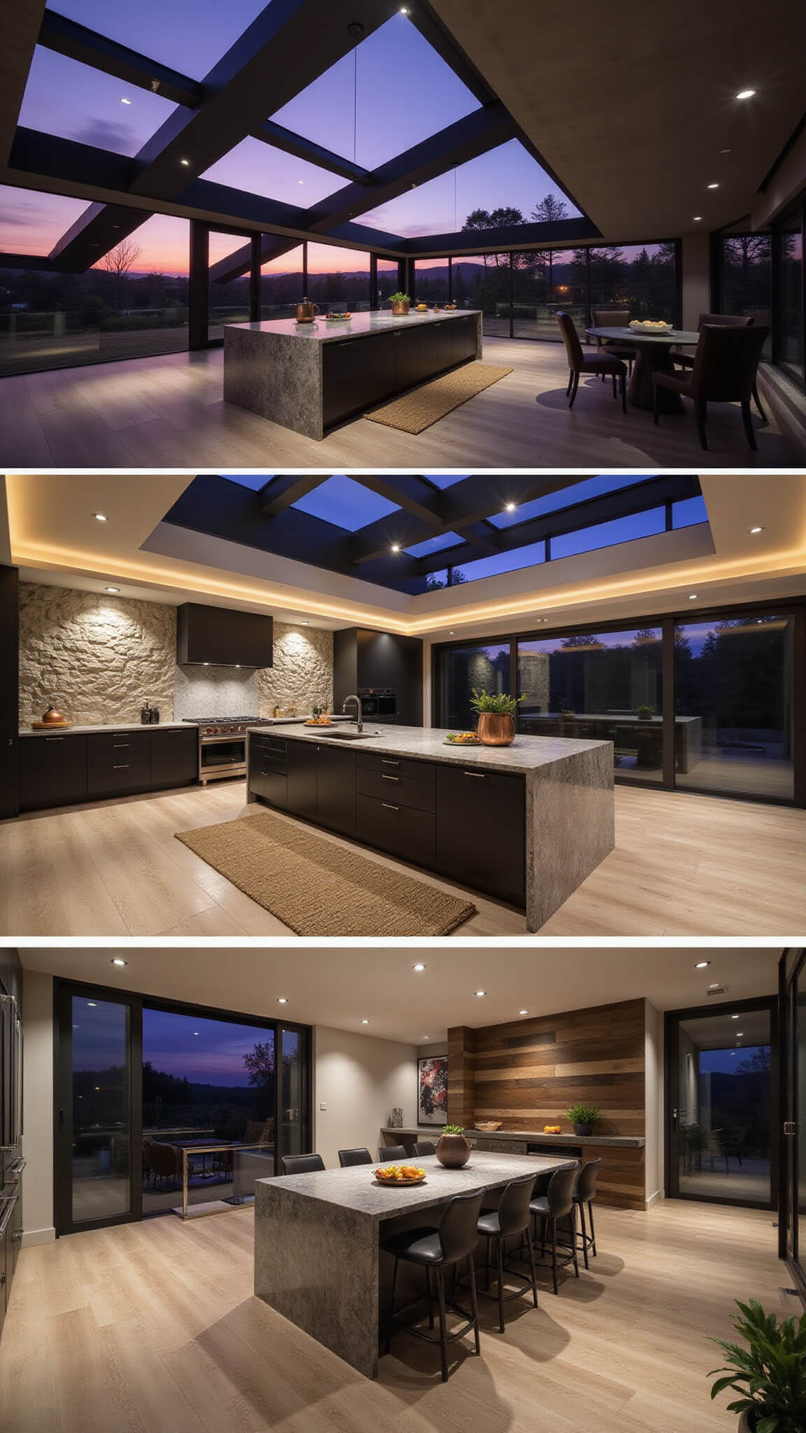 Dramatic open-concept kitchen at dusk with marble island, black cabinets, stone walls, and copper accents under moody lighting.