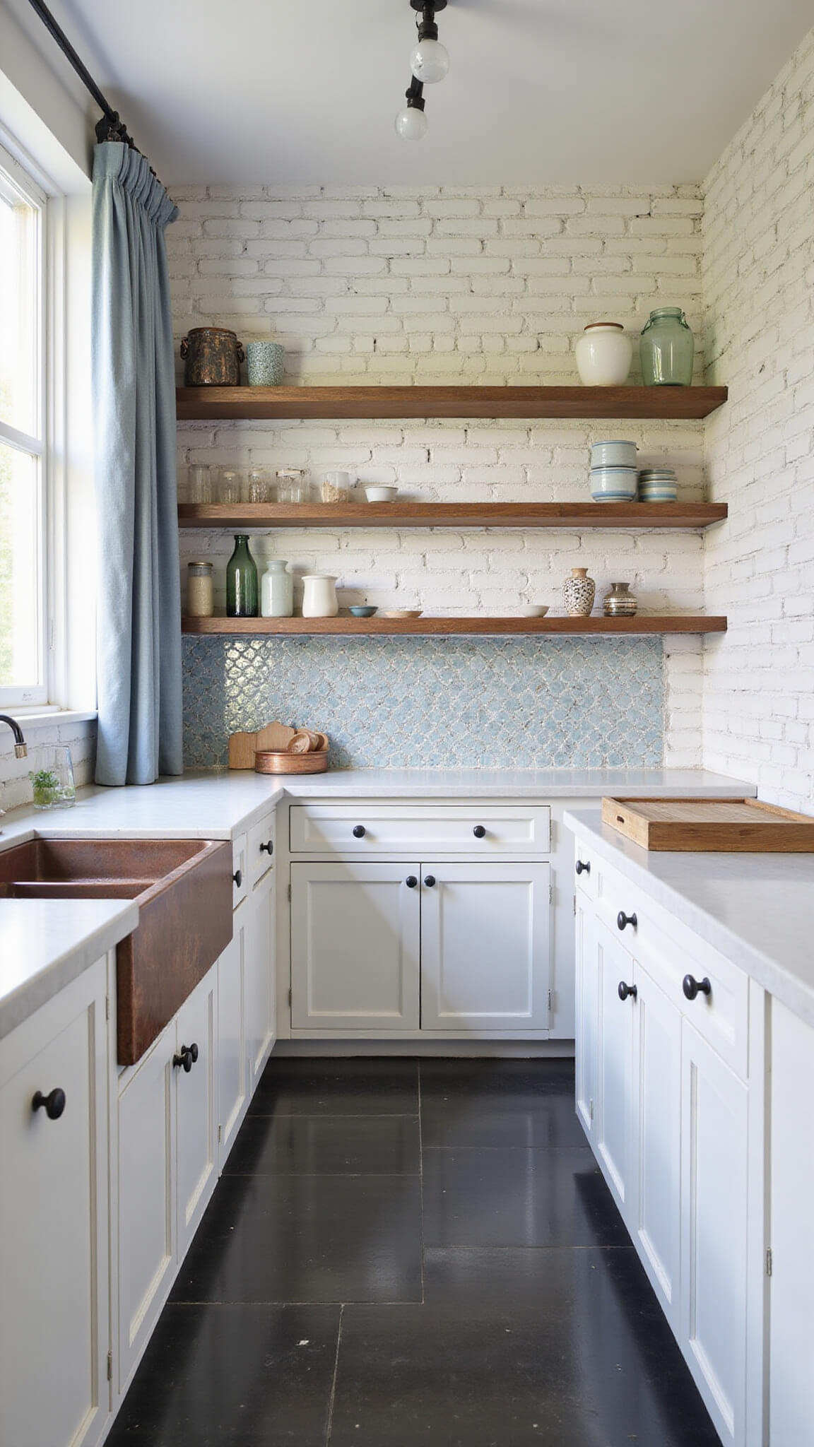 Cozy galley kitchen with whitewashed brick walls, vintage copper sink, slate flooring, rustic wood shelves, and mirrored backsplash reflecting morning light.