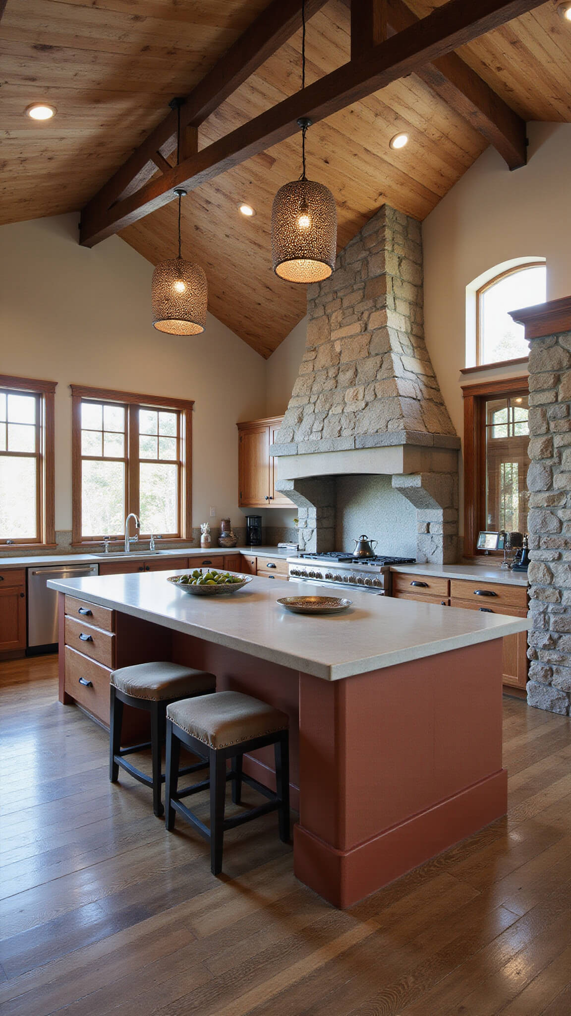 Warm, earth-toned kitchen with massive stone hearth, vaulted ceiling with timber beams, concrete countertops, tile backsplash, and dramatic late afternoon light and shadows.