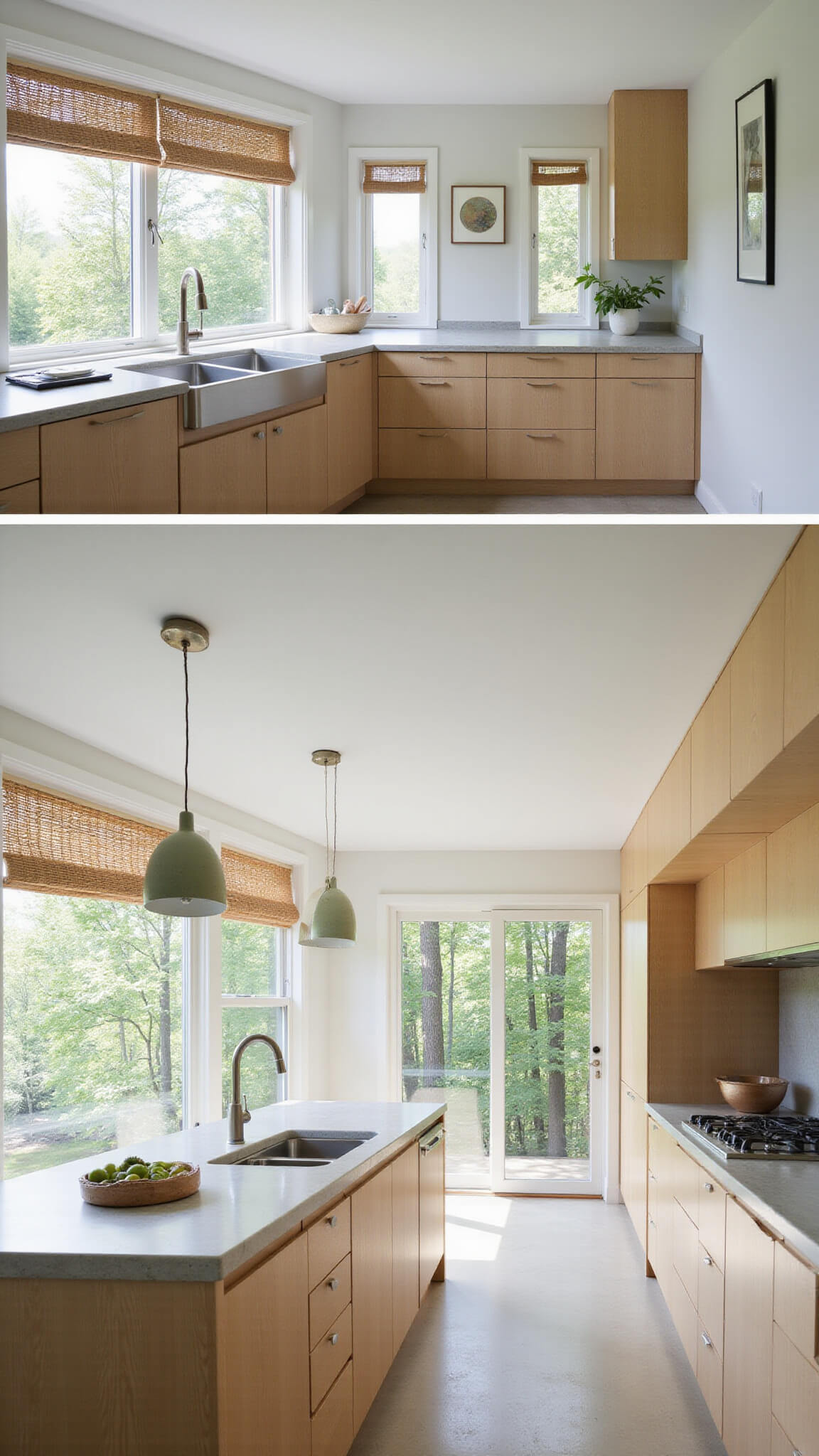 Minimalist 12x14ft kitchen at sunrise with forest views, bleached oak cabinets, limestone counters, waterfall island, and soft natural lighting.
